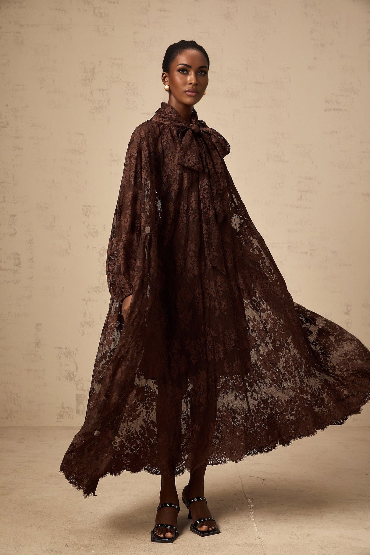 Faith Midi Dress - Long Sleeves - Chantilly Lace - Self - Tie Design - Asymmetric Hemline