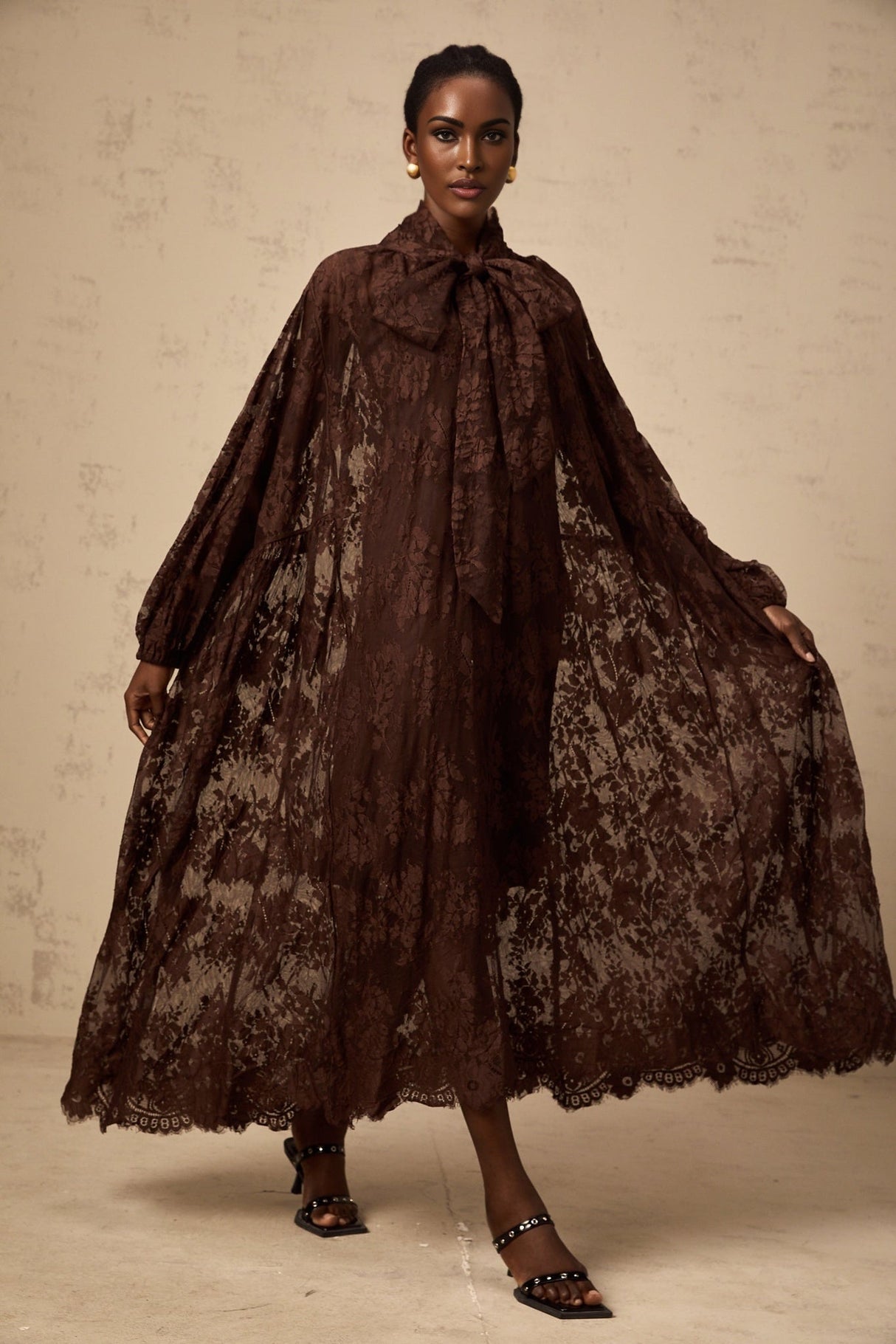 Faith Midi Dress - Long Sleeves - Chantilly Lace - Self - Tie Design - Asymmetric Hemline