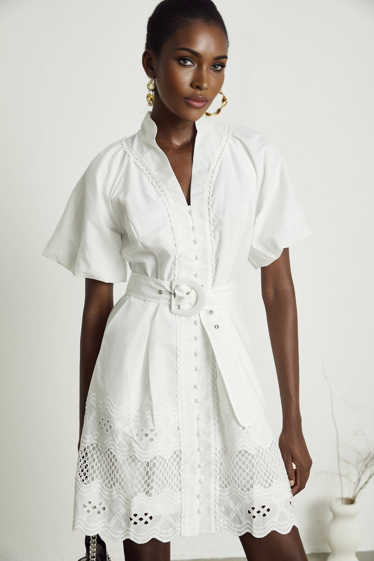 Faith Mini Dress - V - neck - Short sleeves - Cut - out detailing - Belted waist