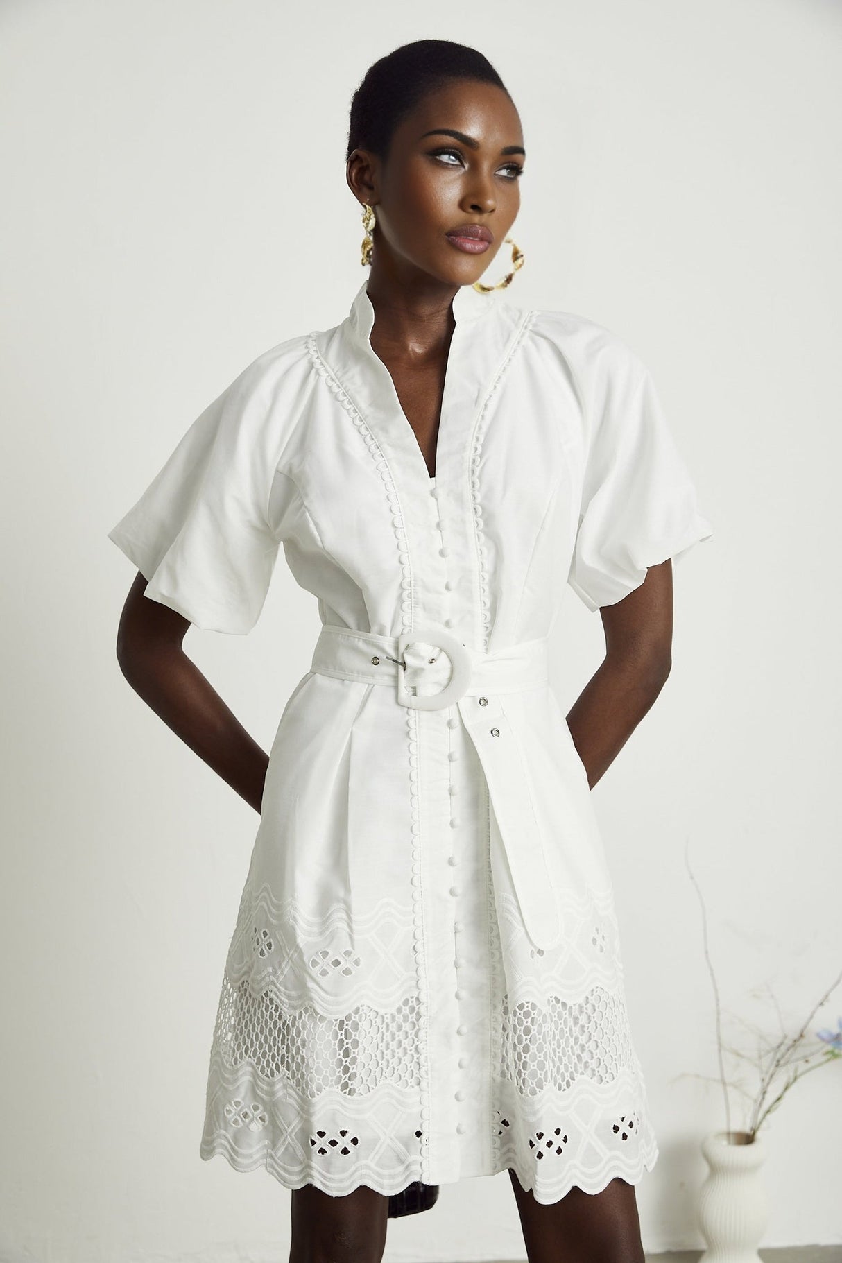 Faith Mini Dress - V - neck - Short sleeves - Cut - out detailing - Belted waist