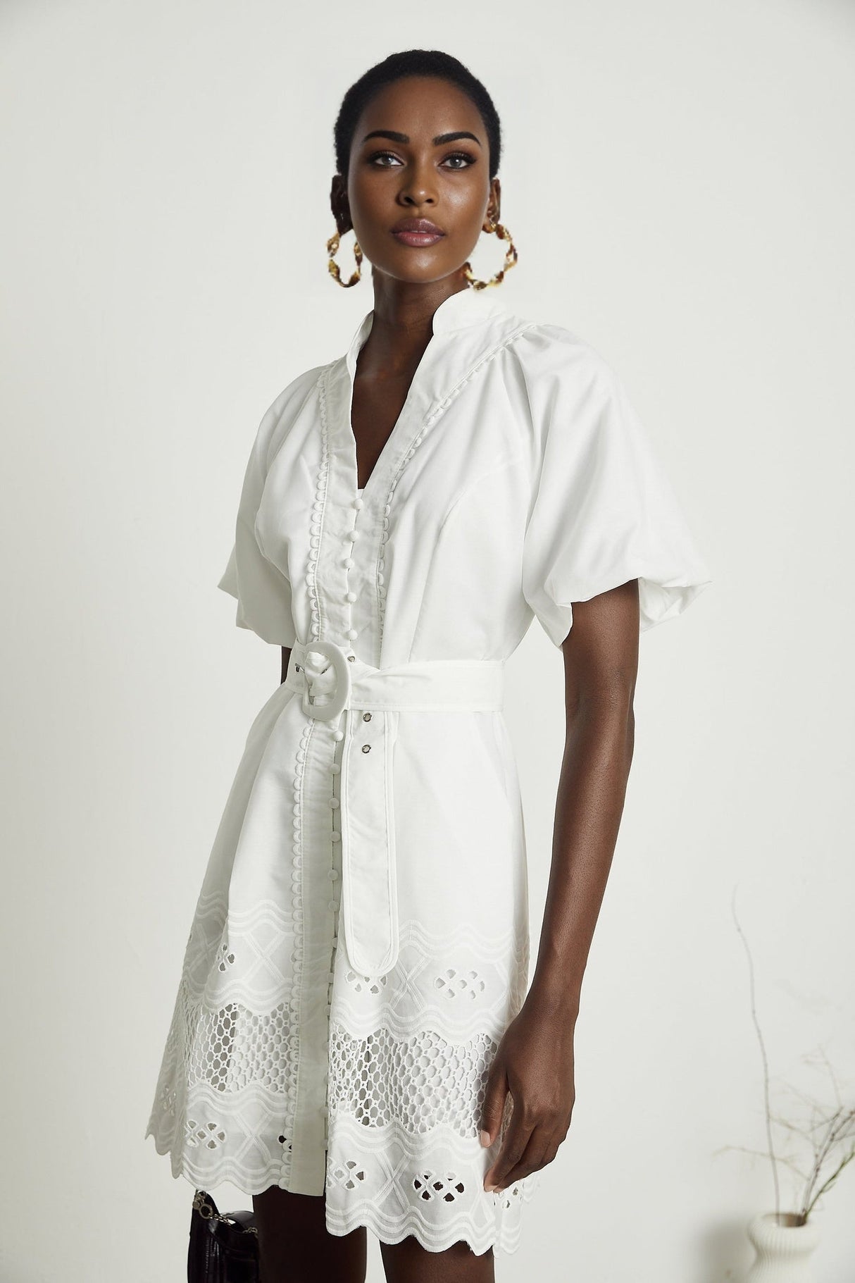 Faith Mini Dress - V - neck - Short sleeves - Cut - out detailing - Belted waist