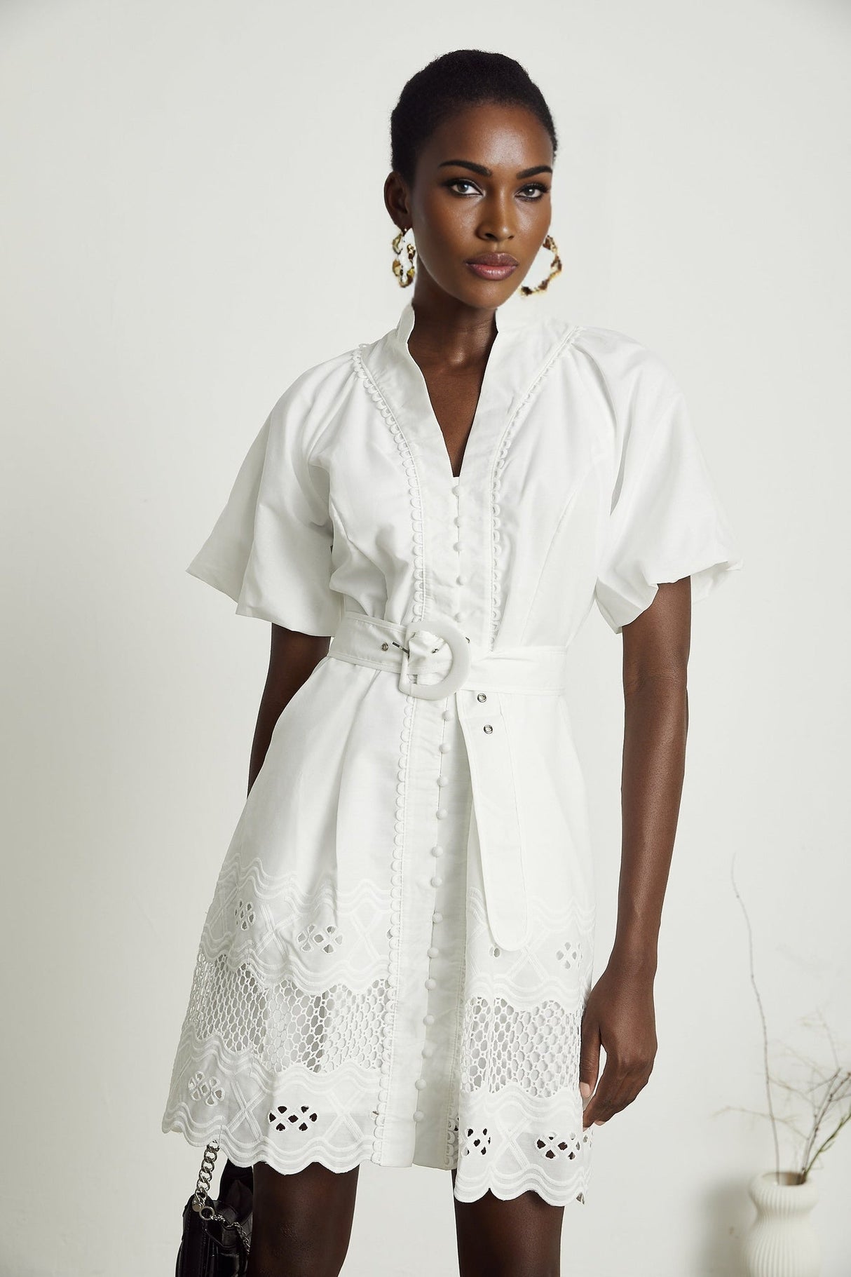 Faith Mini Dress - V - neck - Short sleeves - Cut - out detailing - Belted waist