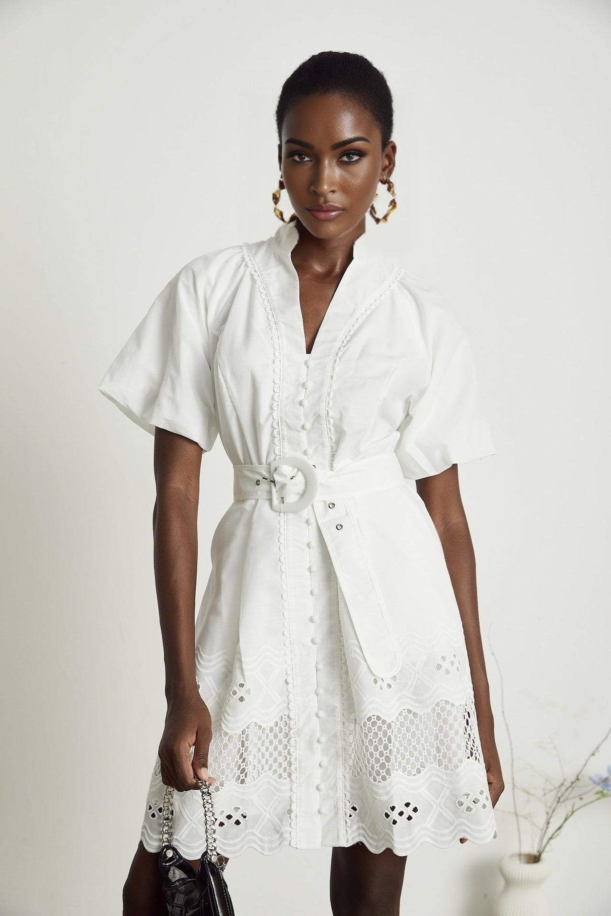 Faith Mini Dress - V - neck - Short sleeves - Cut - out detailing - Belted waist