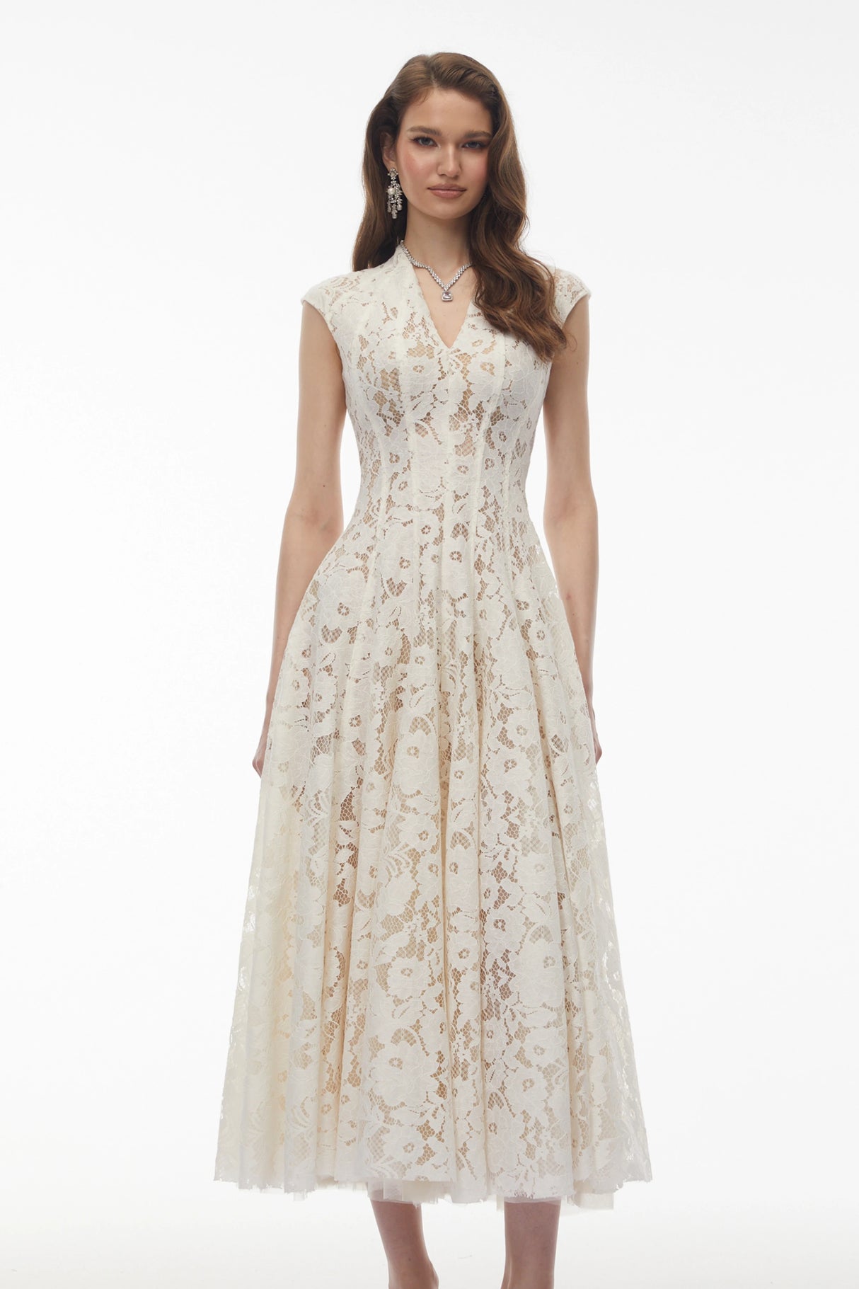 Fariba White VNeck Floral Lace Maxi Dress