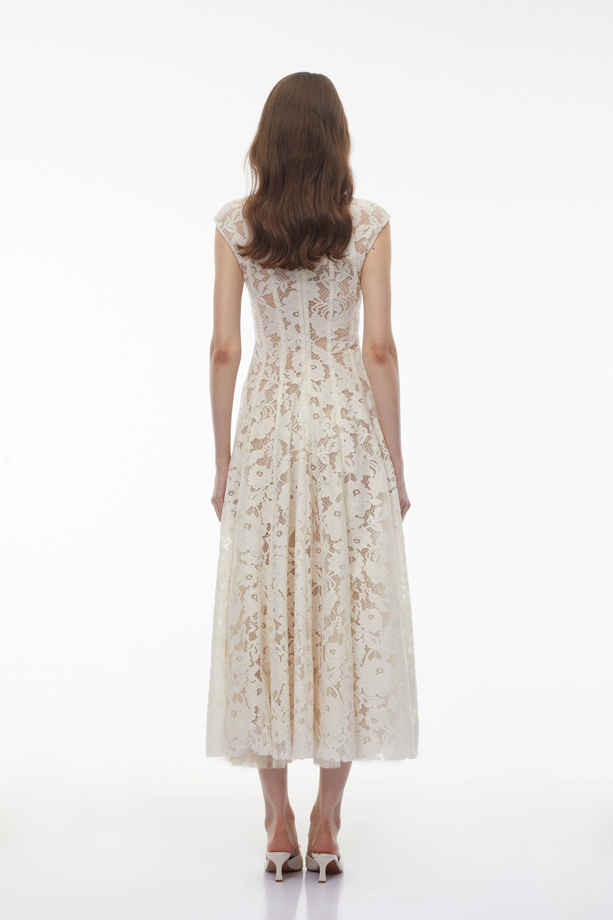 Fariba White VNeck Floral Lace Maxi Dress