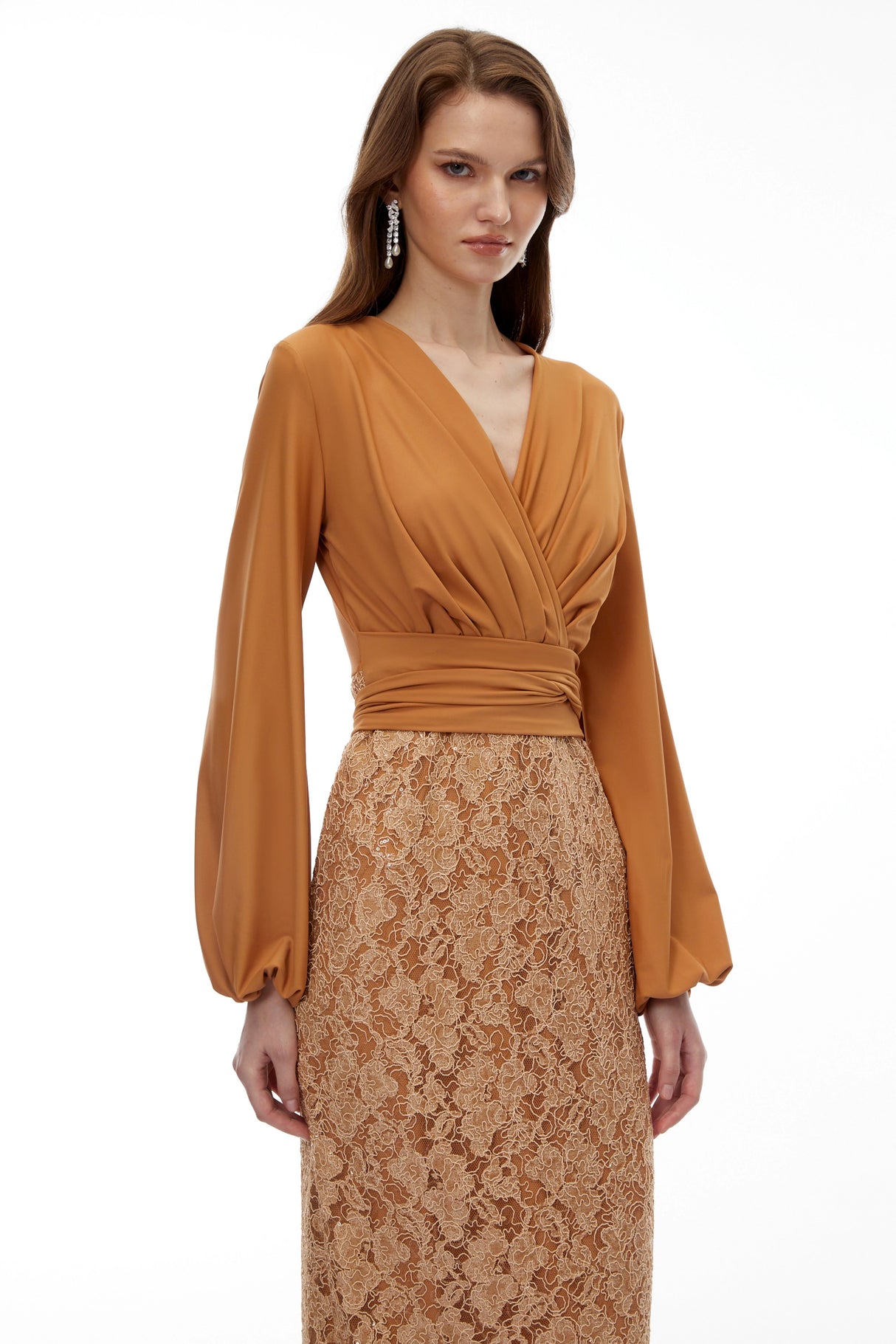 Fauna Brown Plunge Neck Lace Maxi Dress