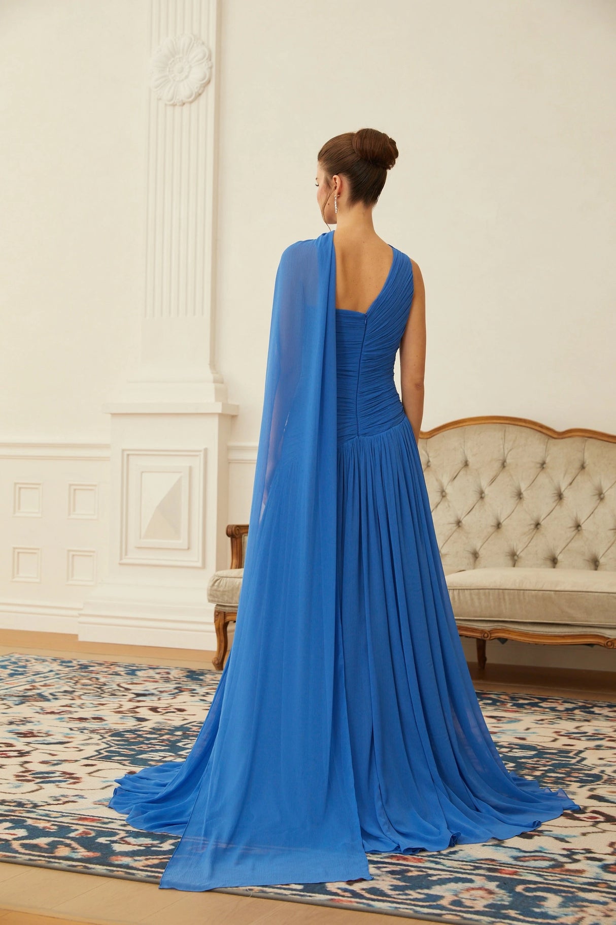 Faustine Blue Cape Design Ruched Maxi Dress