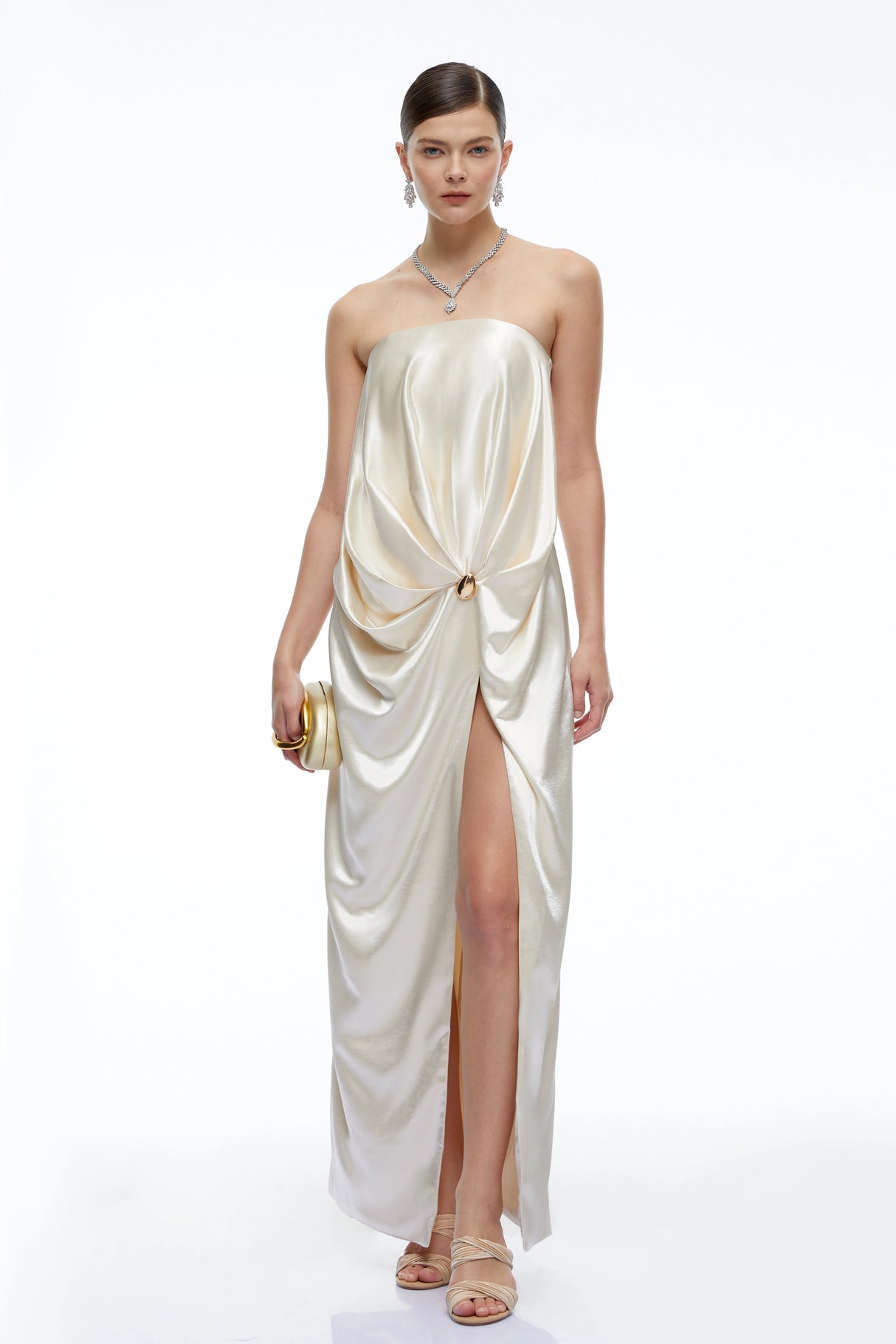 Faustine Champagne Satin Strapless Maxi Dress with Slit