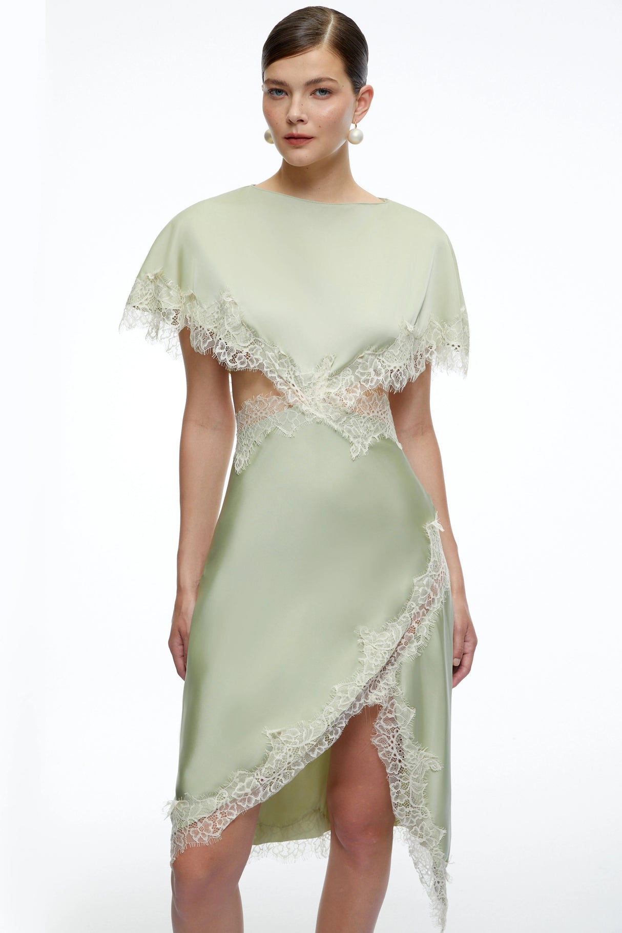 Faye Green Asymmetrical Midi Dress With Lace Trim