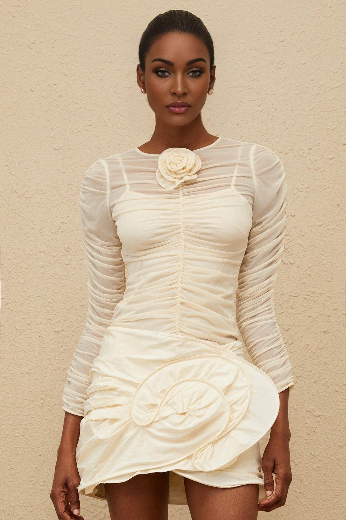 Federica Blouse - Round Neck - Long Sleeves - Mesh Detailing - Ruched Design - Floral Appliqué