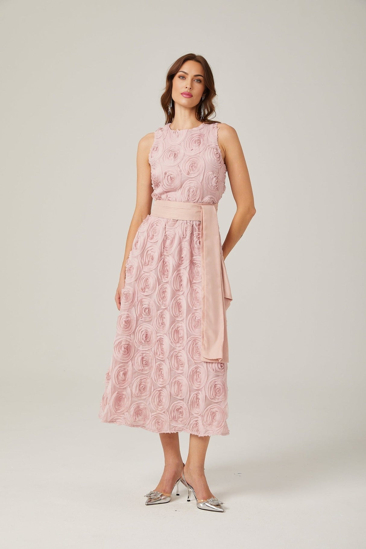 Federica Floral Midi Dress - Sleeveless - Faux - Flower Embellishments - Tie Waist - With Side Inset Pockets and Rear Zip Fastening