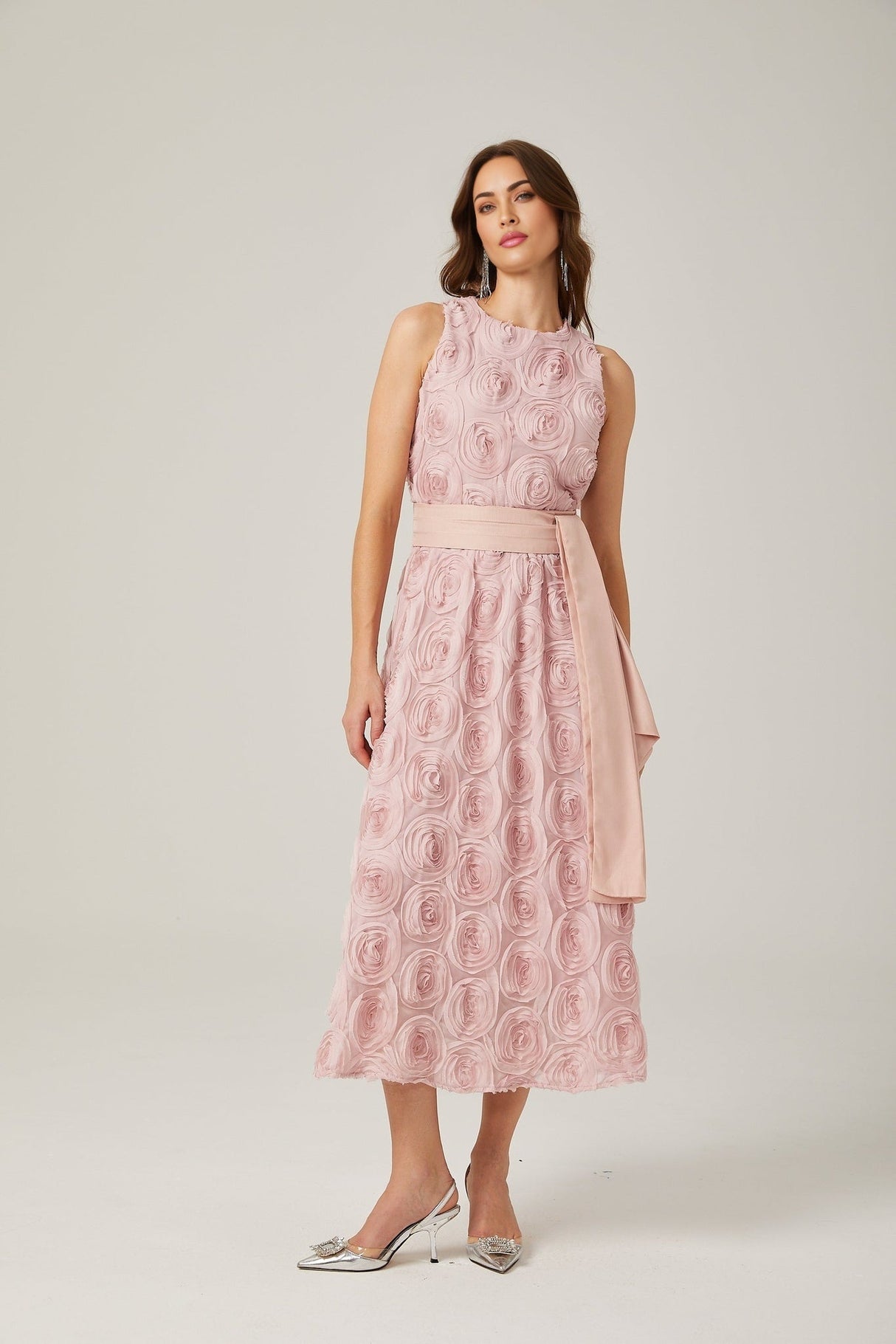 Federica Floral Midi Dress - Sleeveless - Faux - Flower Embellishments - Tie Waist - With Side Inset Pockets and Rear Zip Fastening