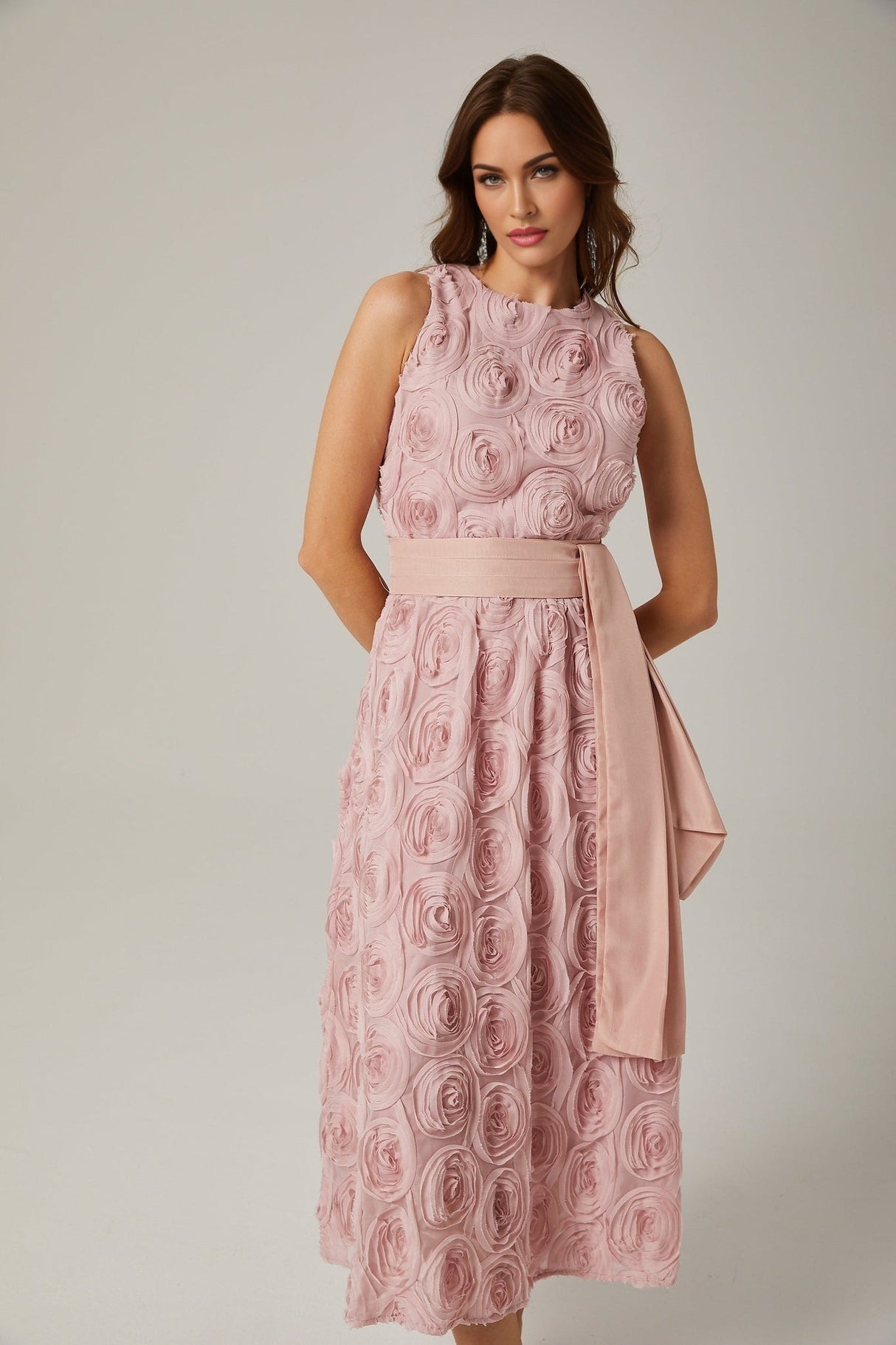 Federica Floral Midi Dress - Sleeveless - Faux - Flower Embellishments - Tie Waist - With Side Inset Pockets and Rear Zip Fastening