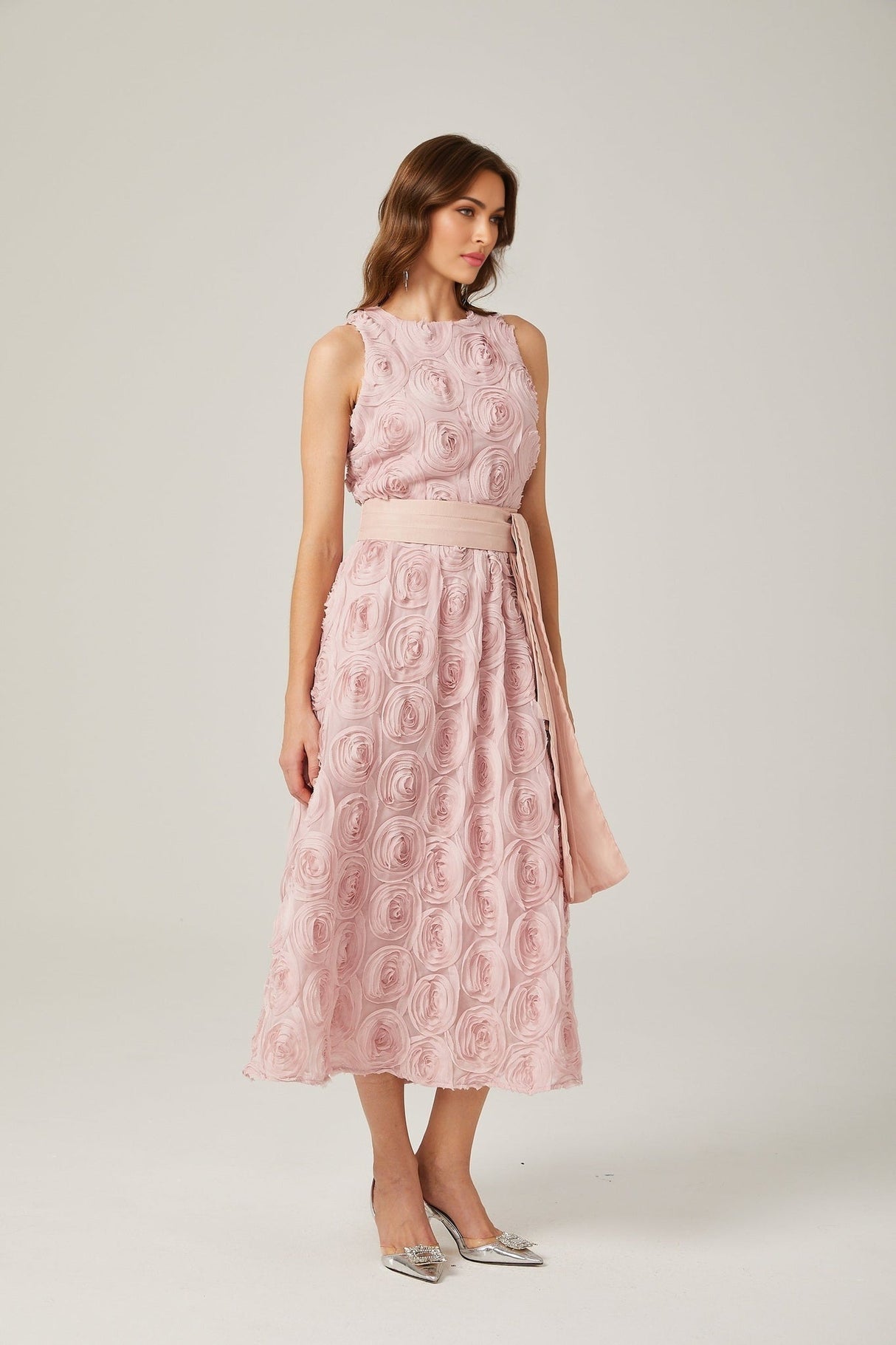 Federica Floral Midi Dress - Sleeveless - Faux - Flower Embellishments - Tie Waist - With Side Inset Pockets and Rear Zip Fastening