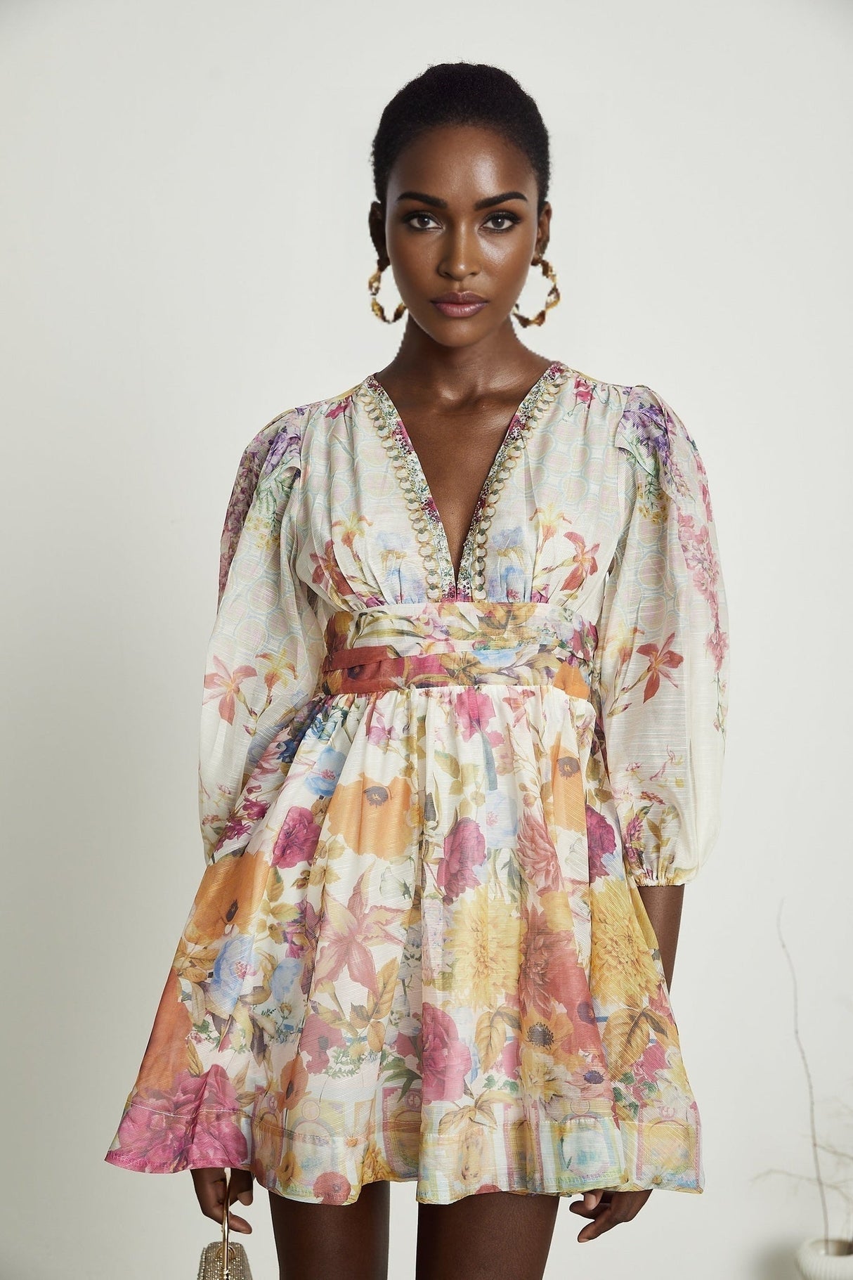 Federica Floral Mini Dress - V Neck - Flared Skirt - Short Sleeves