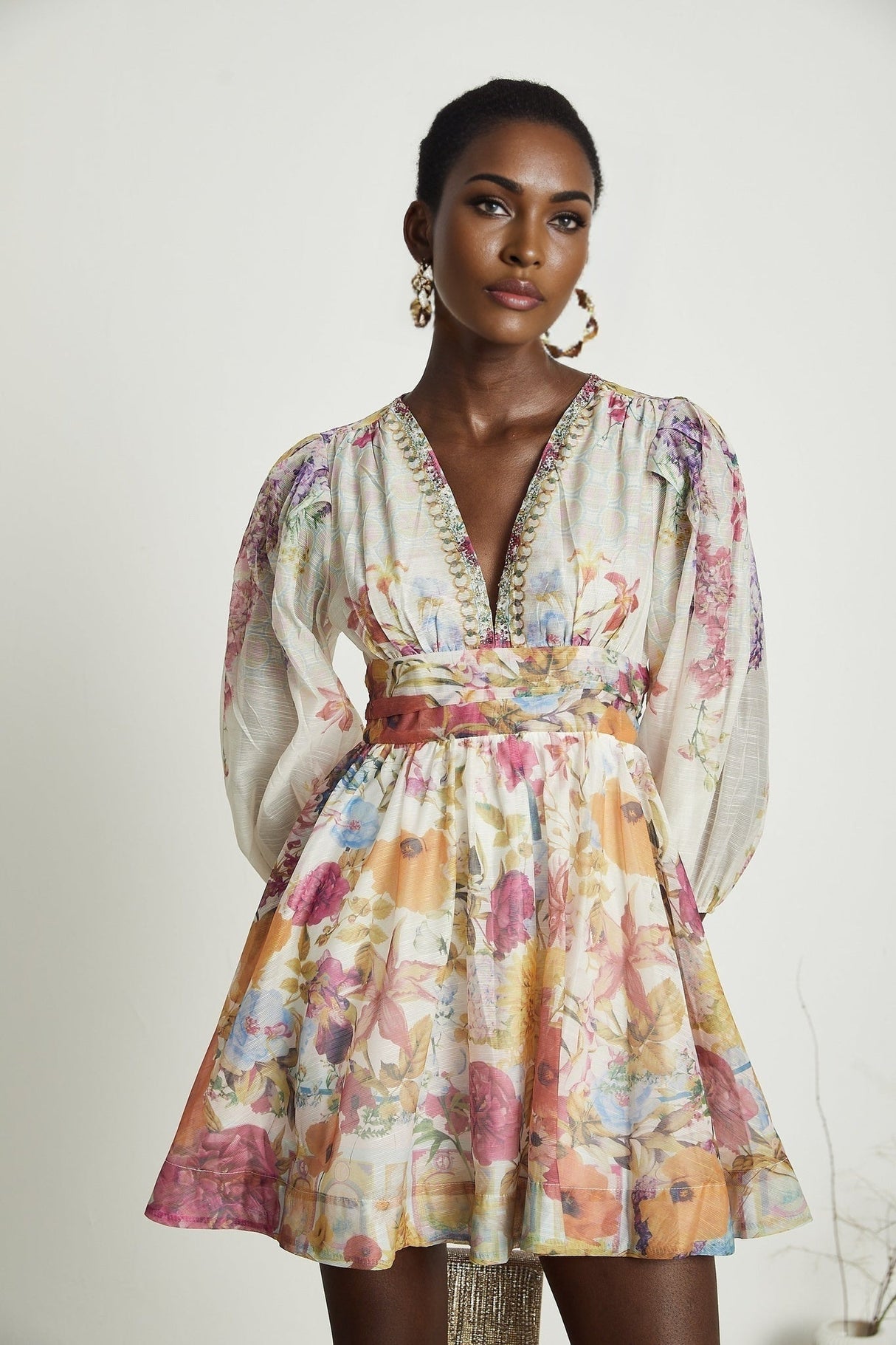 Federica Floral Mini Dress - V Neck - Flared Skirt - Short Sleeves