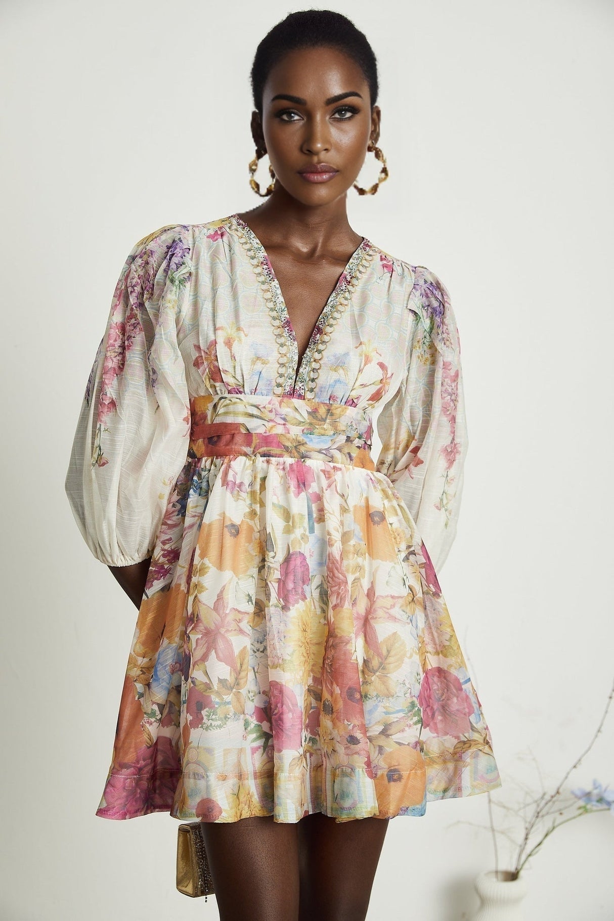 Federica Floral Mini Dress - V Neck - Flared Skirt - Short Sleeves