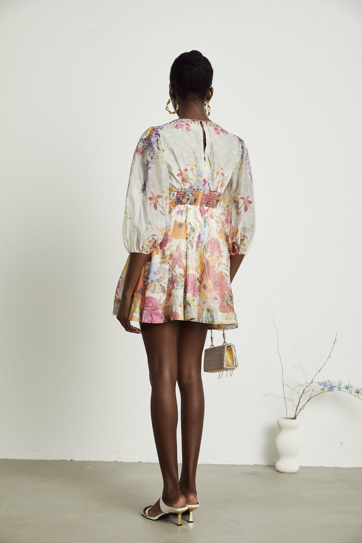 Federica Floral Mini Dress - V Neck - Flared Skirt - Short Sleeves