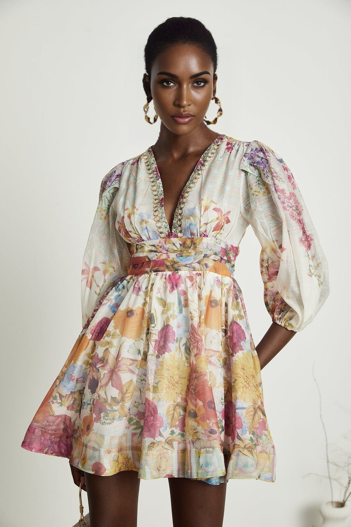 Federica Floral Mini Dress - V Neck - Flared Skirt - Short Sleeves