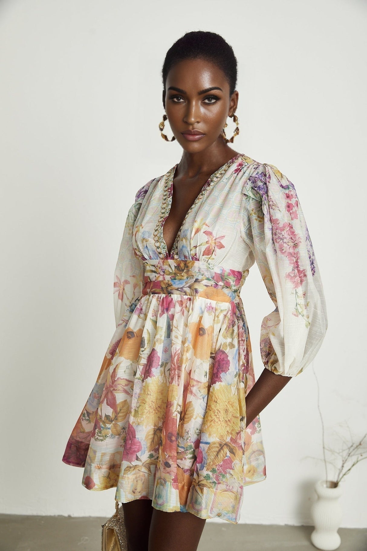 Federica Floral Mini Dress - V Neck - Flared Skirt - Short Sleeves