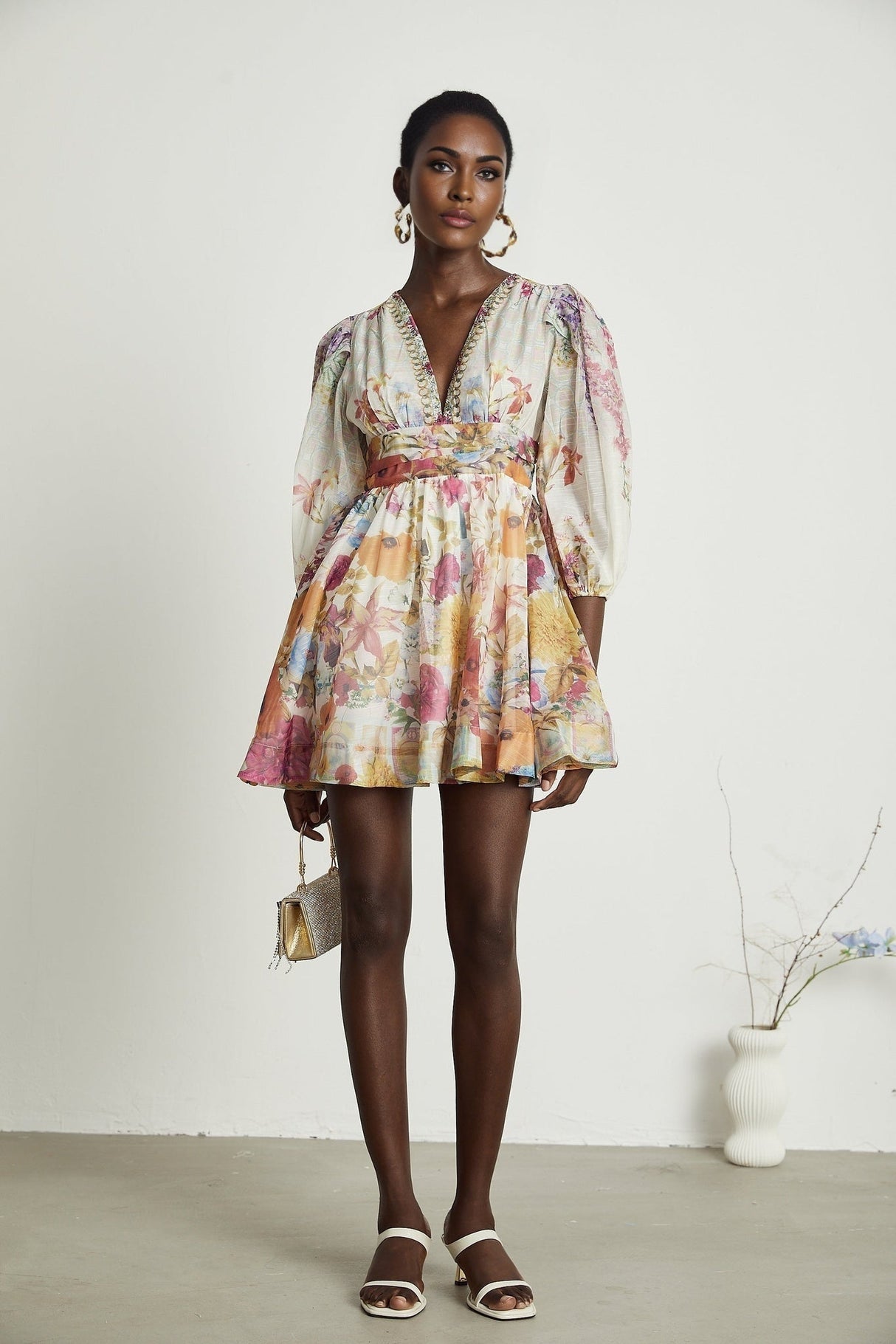 Federica Floral Mini Dress - V Neck - Flared Skirt - Short Sleeves