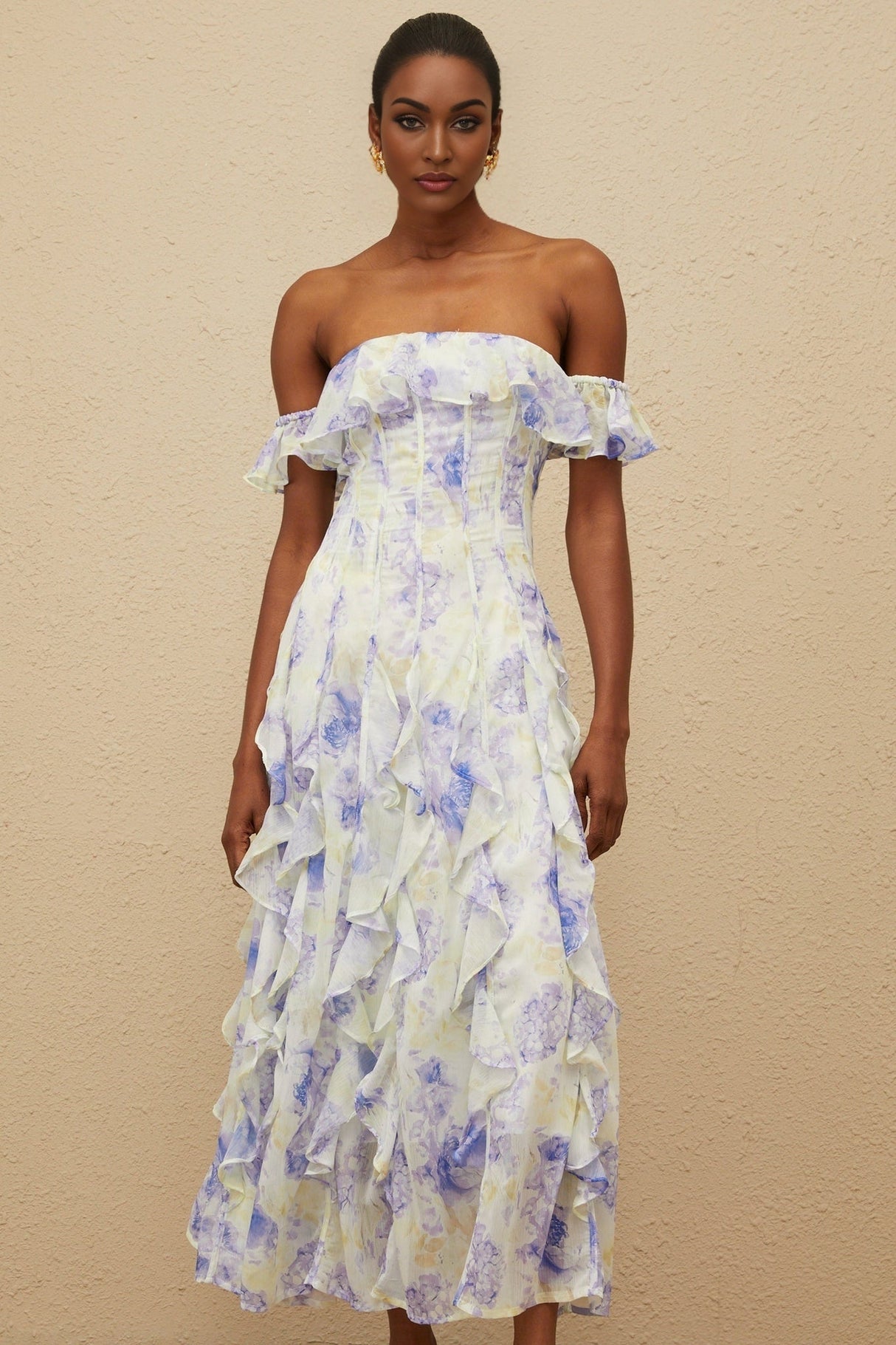 Federica Maxi Dress - Blue Floral Print Off - Shoulder Ruffled Elegant Shirred Floor - Length