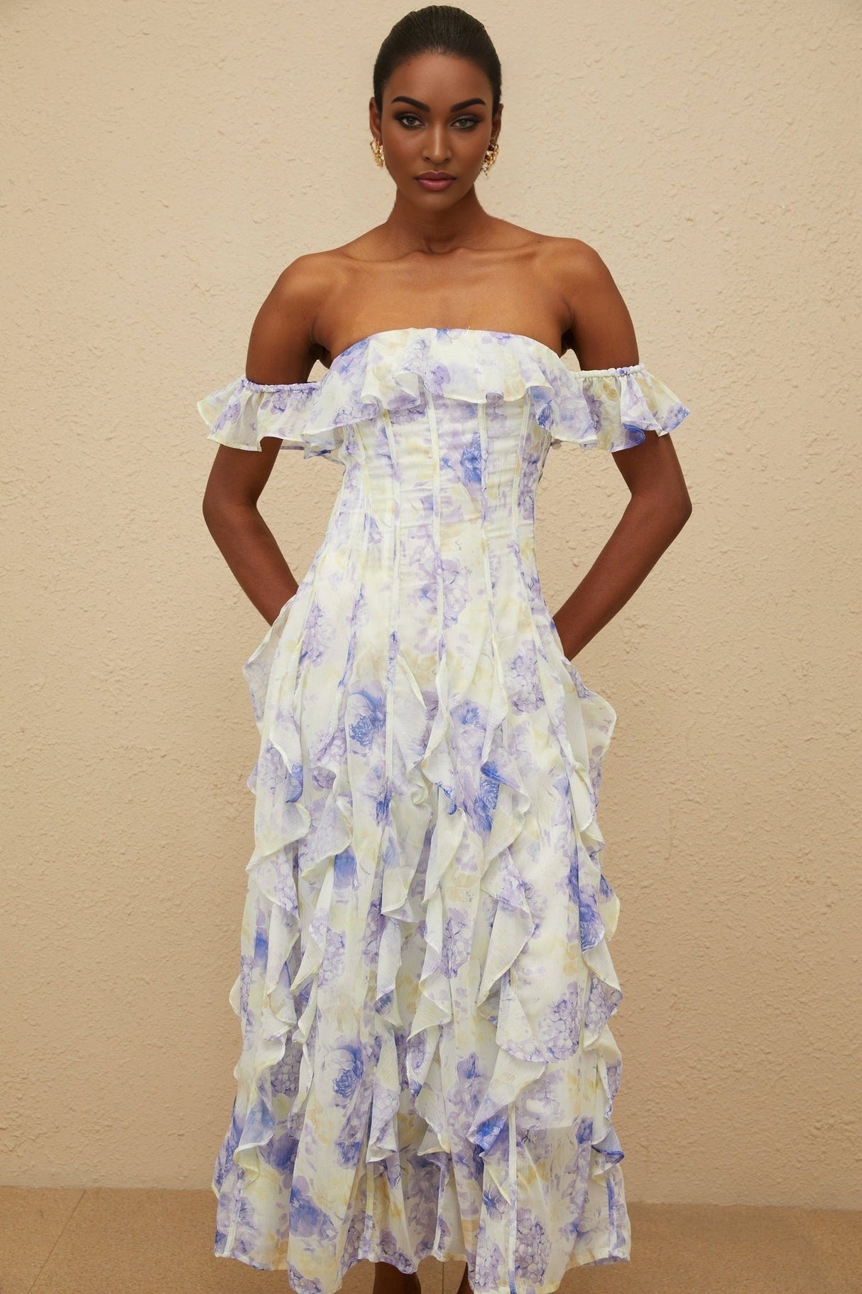 Federica Maxi Dress - Blue Floral Print Off - Shoulder Ruffled Elegant Shirred Floor - Length