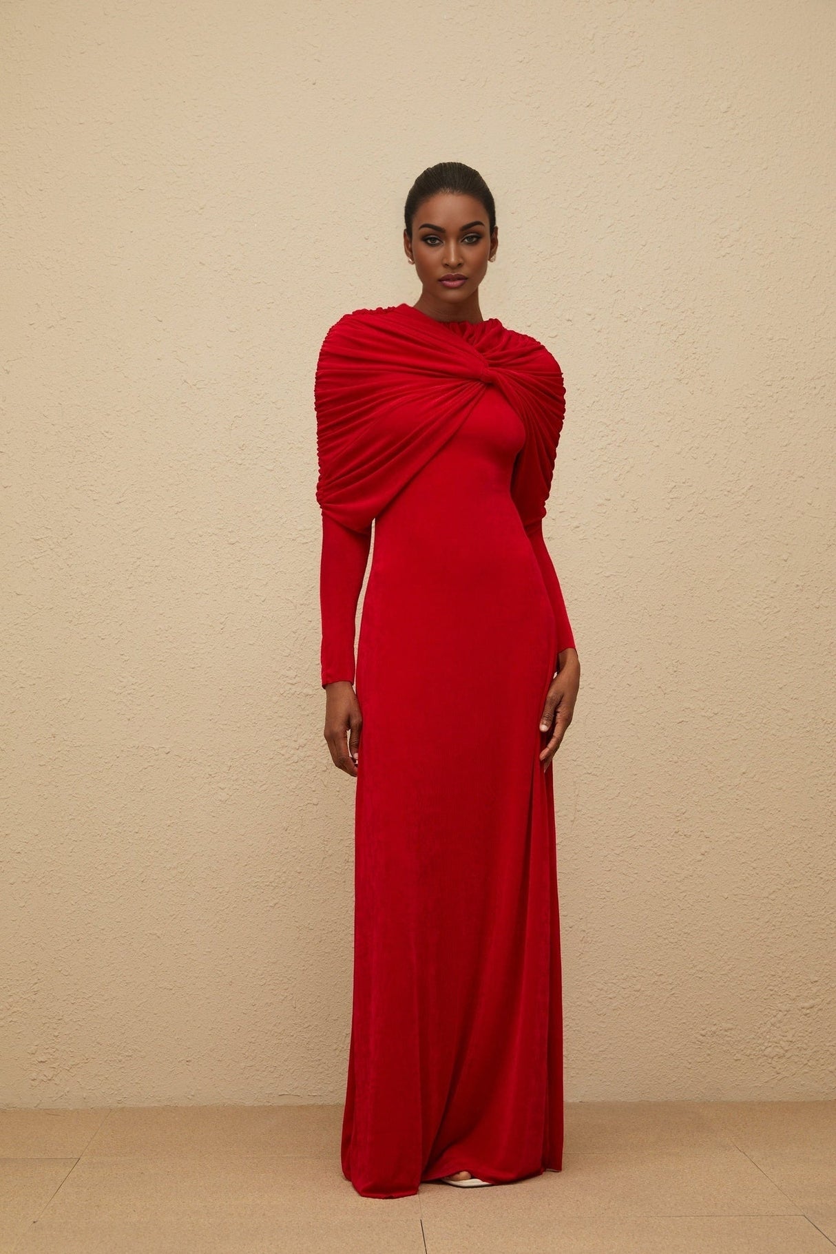 Federica Maxi Dress - Red Cape Design - Ruched Detail - Long Sleeves