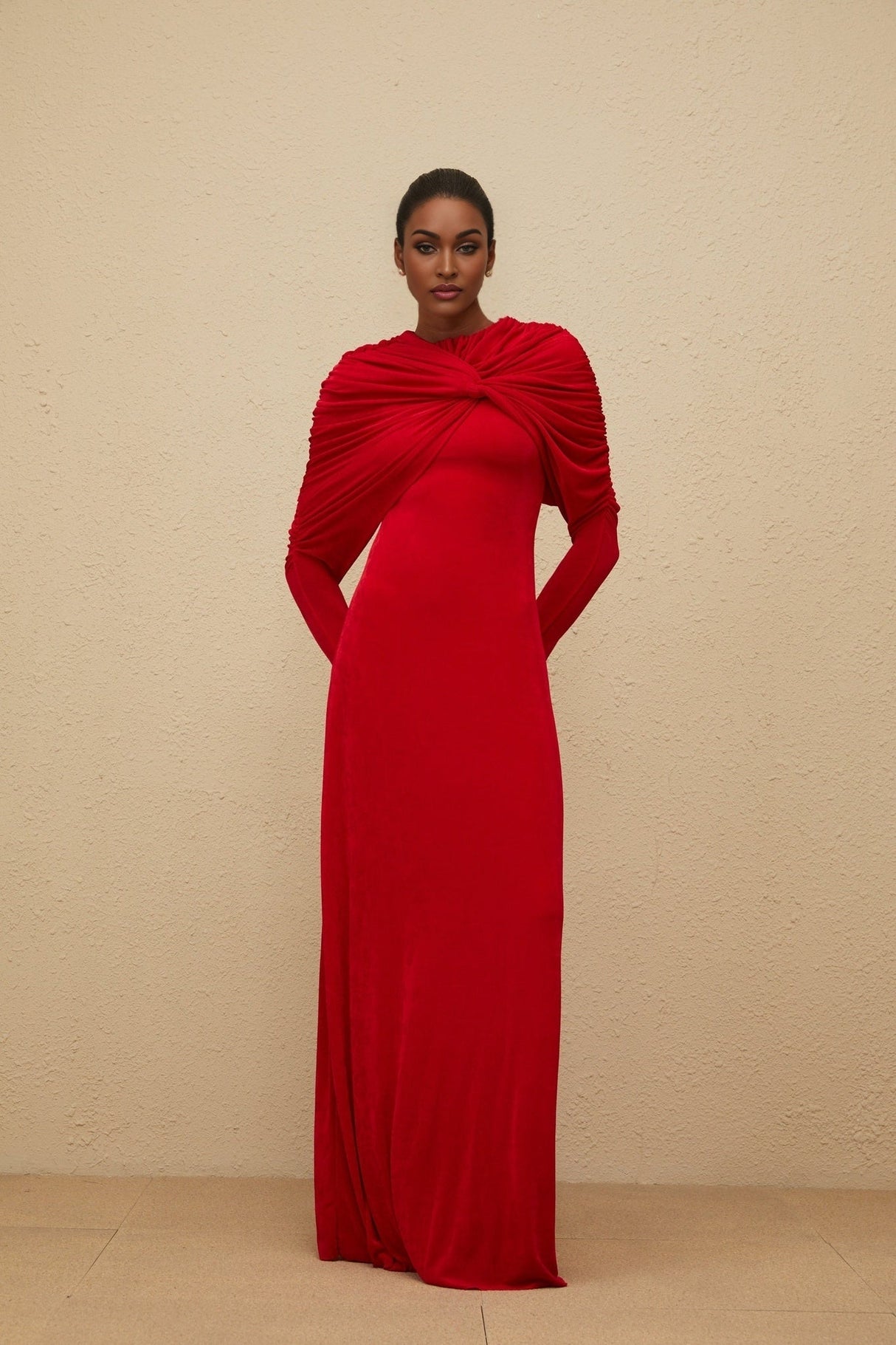 Federica Maxi Dress - Red Cape Design - Ruched Detail - Long Sleeves