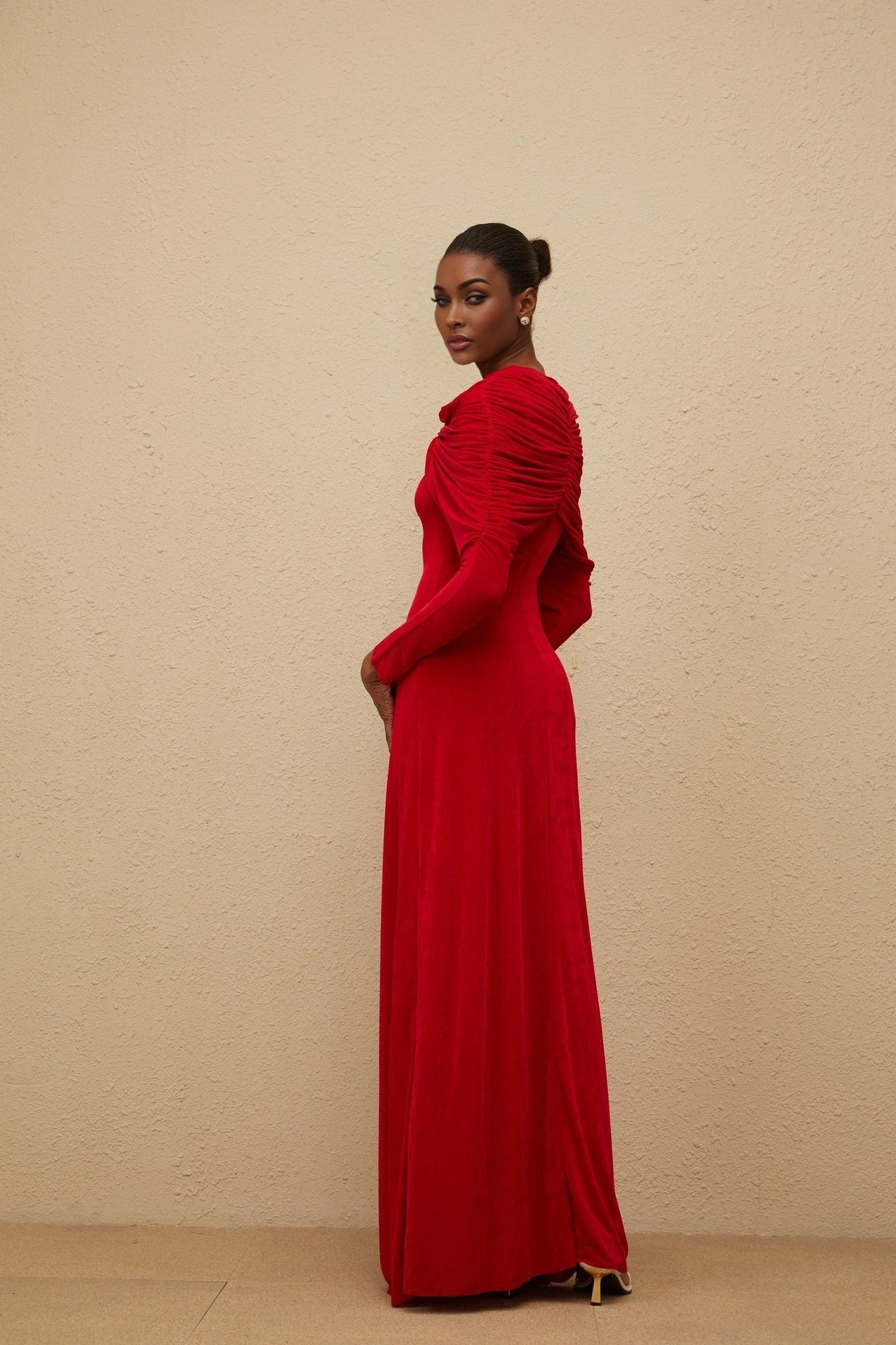 Federica Maxi Dress - Red Cape Design - Ruched Detail - Long Sleeves