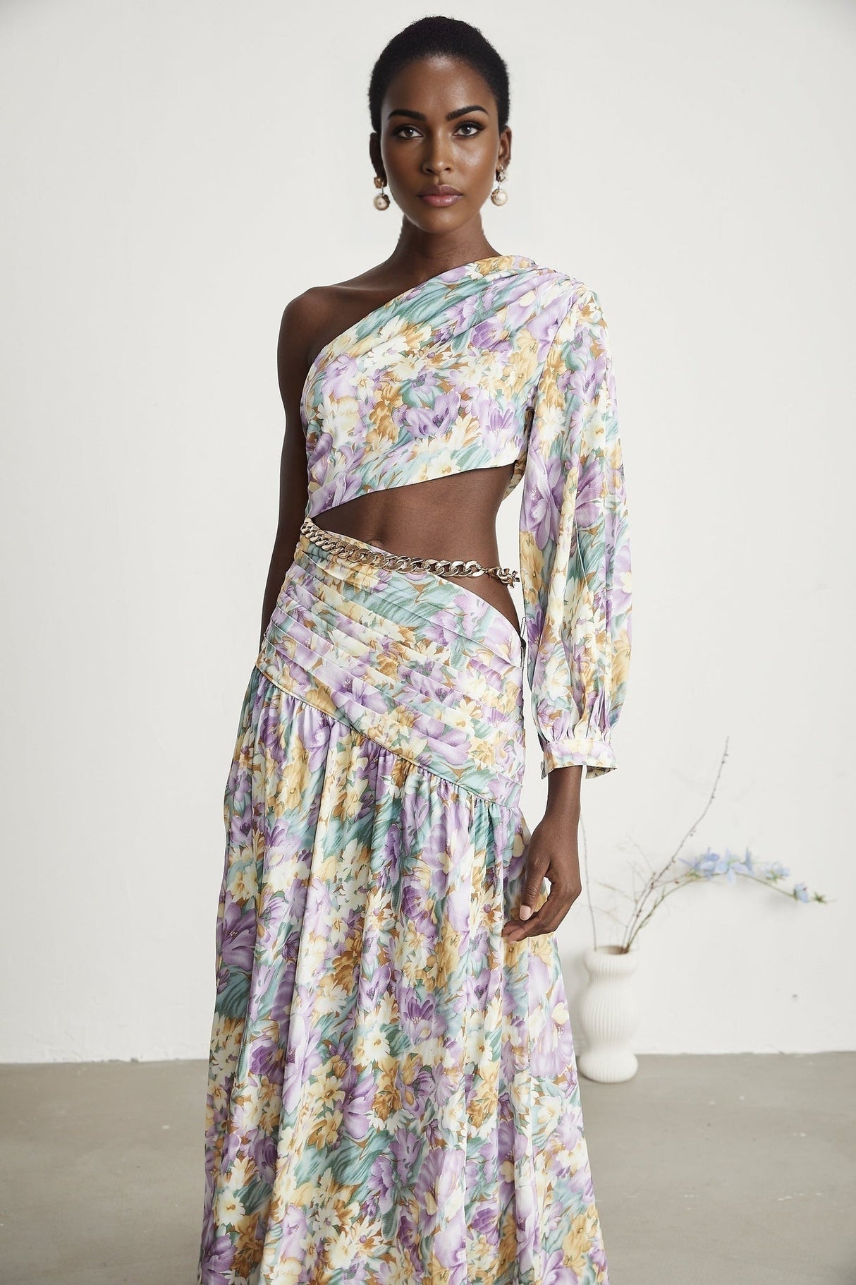 Federica Midi Dress - Asymmetric One - Shoulder - Cut - Out Floral Print - Gold Belted Waist - High Side Slit