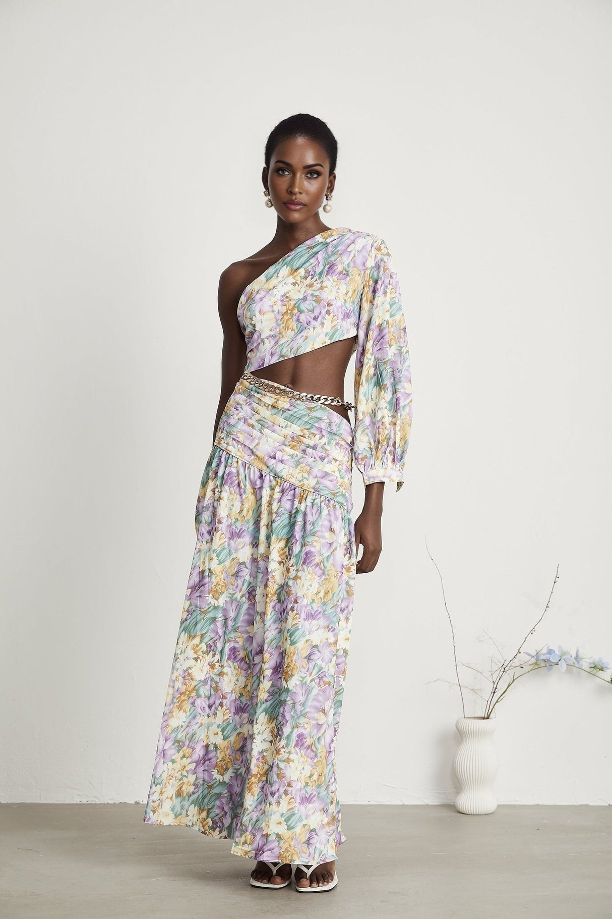 Federica Midi Dress - Asymmetric One - Shoulder - Cut - Out Floral Print - Gold Belted Waist - High Side Slit