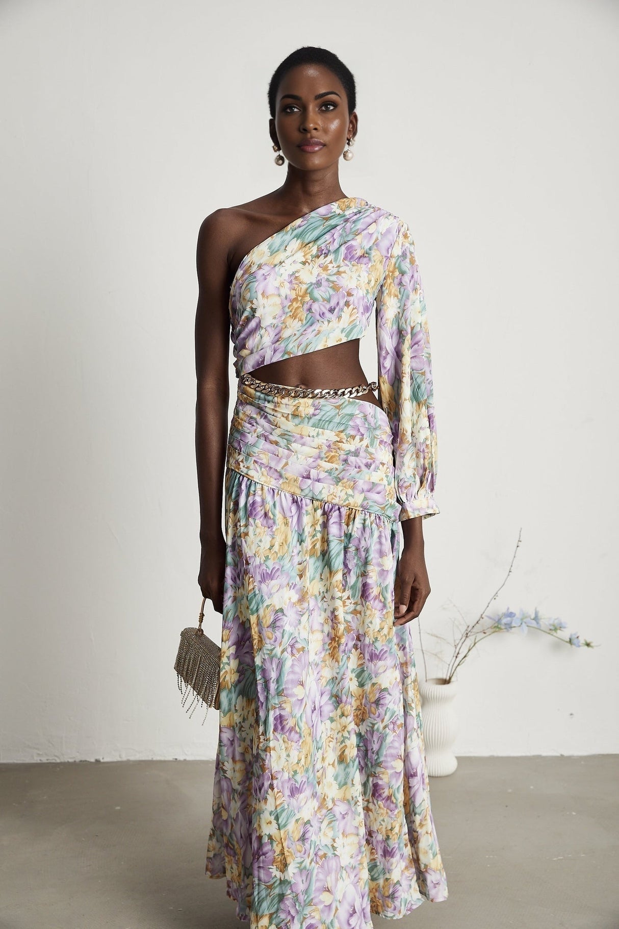 Federica Midi Dress - Asymmetric One - Shoulder - Cut - Out Floral Print - Gold Belted Waist - High Side Slit