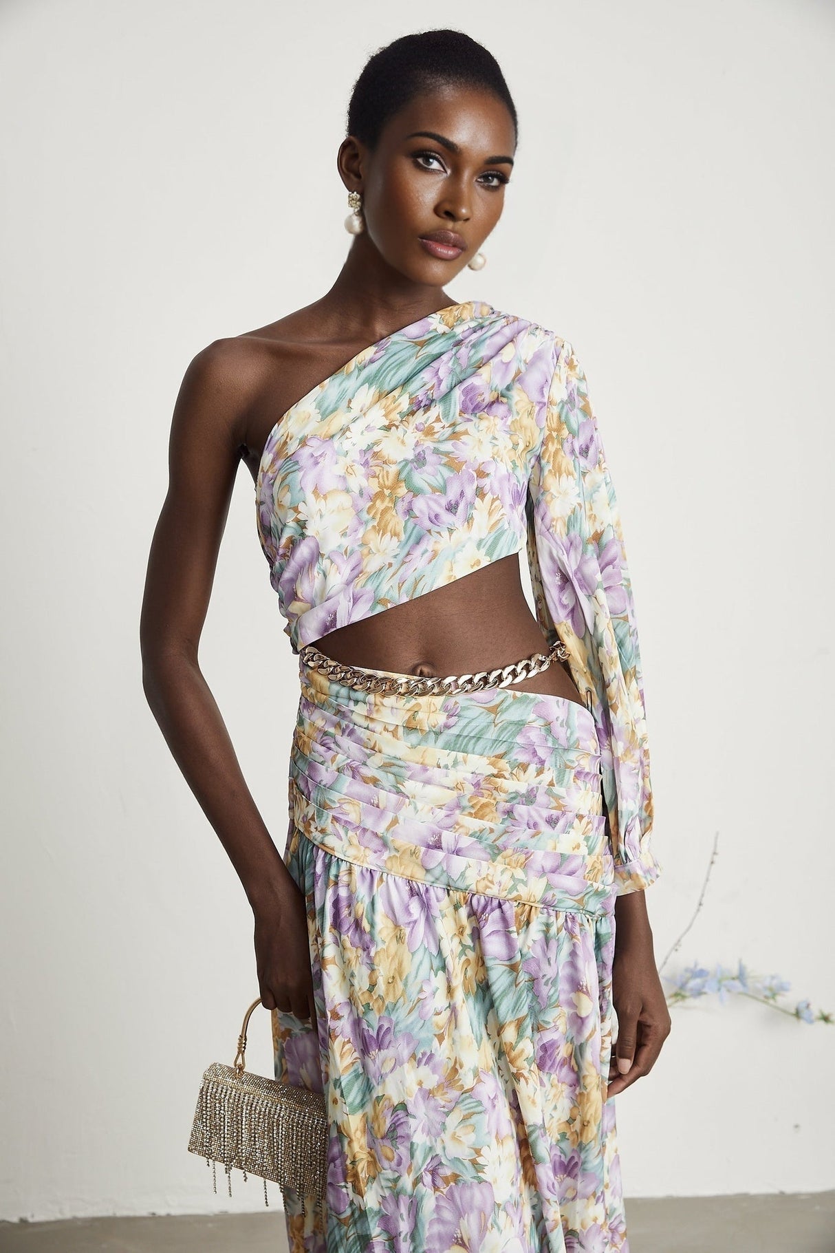 Federica Midi Dress - Asymmetric One - Shoulder - Cut - Out Floral Print - Gold Belted Waist - High Side Slit