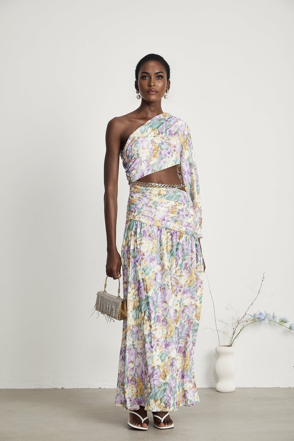 Federica Midi Dress - Asymmetric One - Shoulder - Cut - Out Floral Print - Gold Belted Waist - High Side Slit