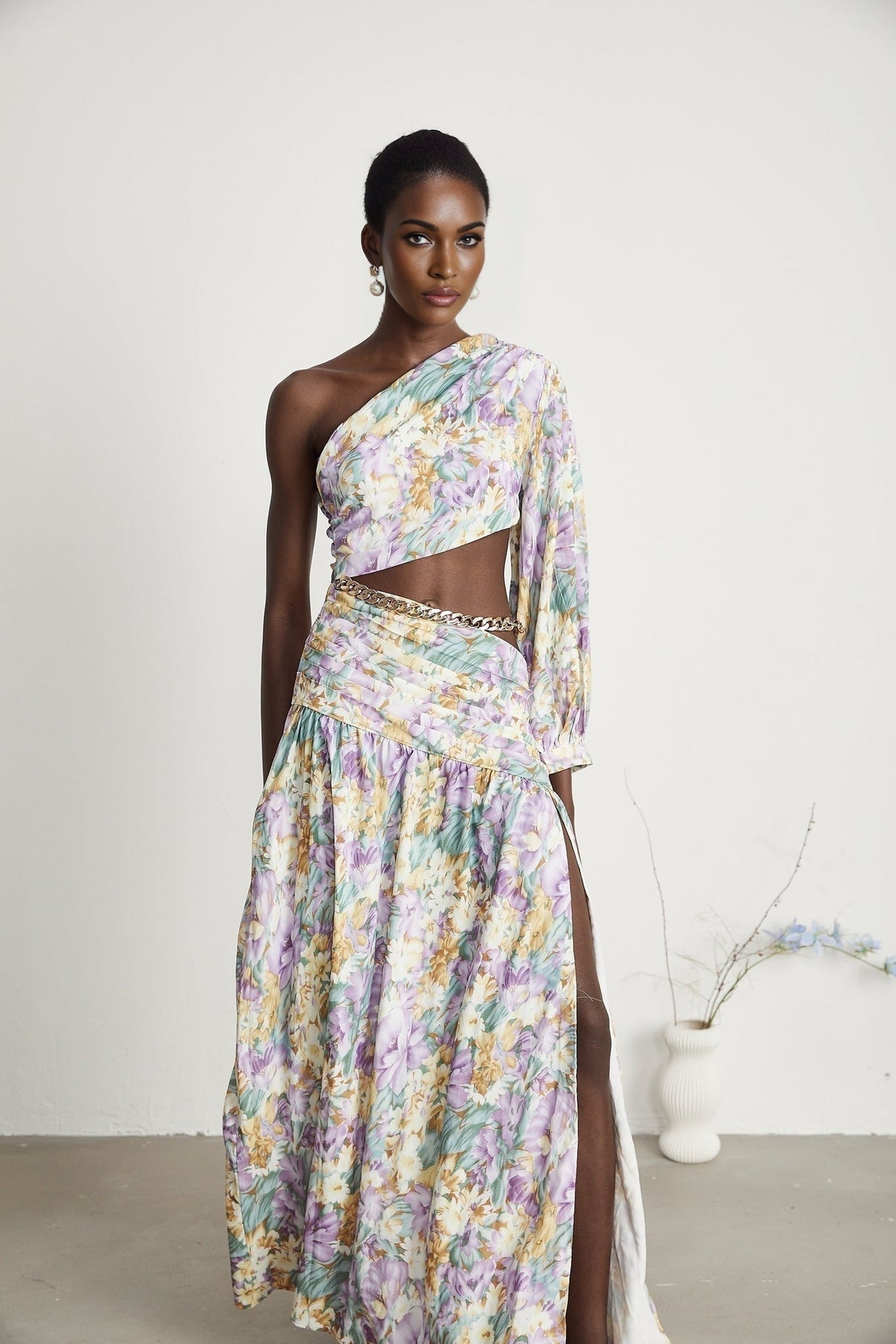 Federica Midi Dress - Asymmetric One - Shoulder - Cut - Out Floral Print - Gold Belted Waist - High Side Slit