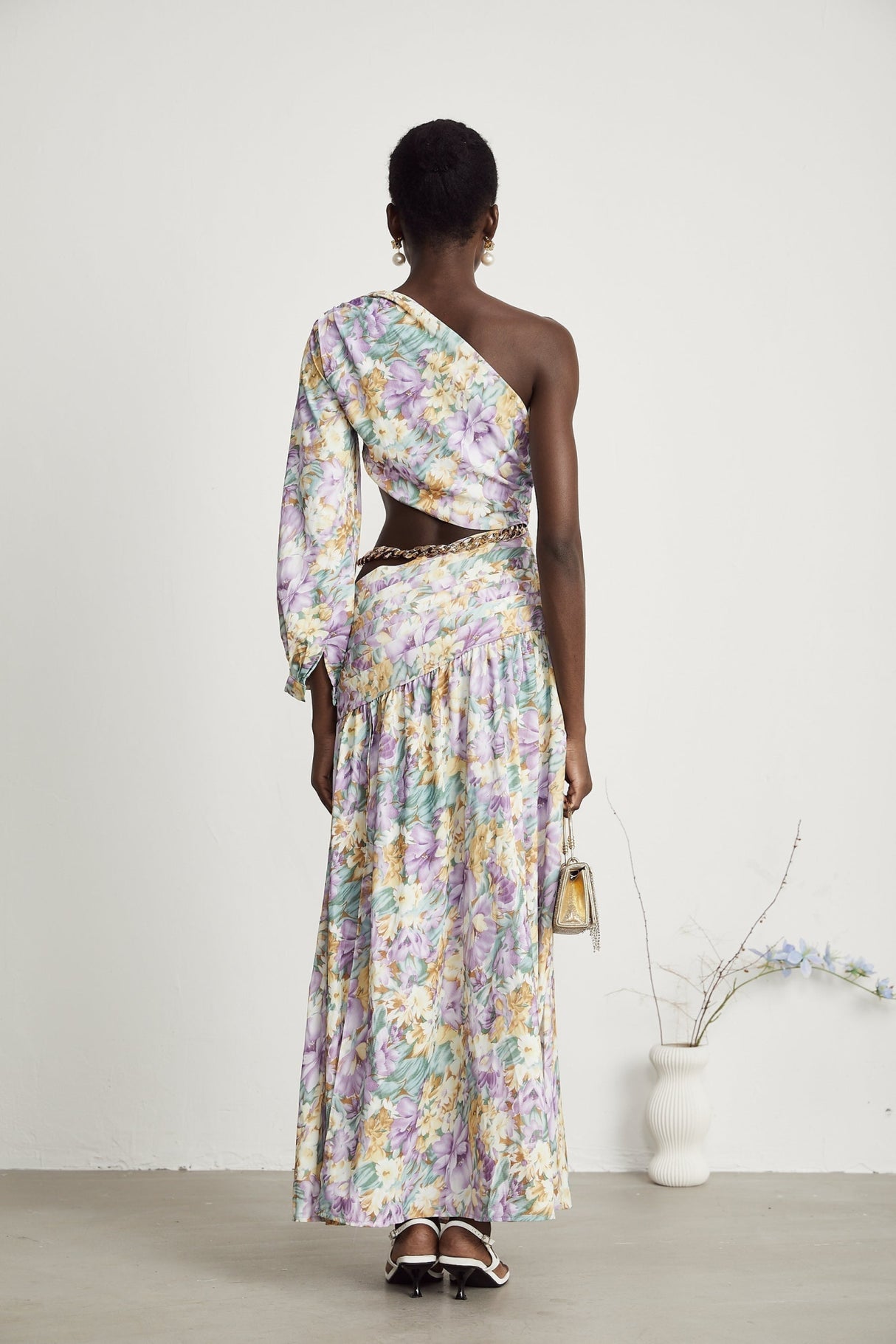 Federica Midi Dress - Asymmetric One - Shoulder - Cut - Out Floral Print - Gold Belted Waist - High Side Slit
