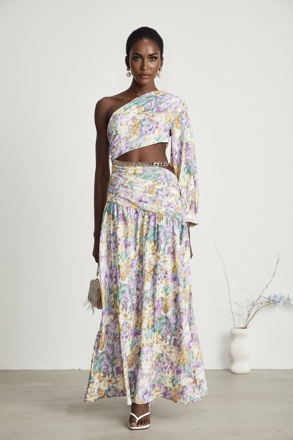 Federica Midi Dress - Asymmetric One - Shoulder - Cut - Out Floral Print - Gold Belted Waist - High Side Slit