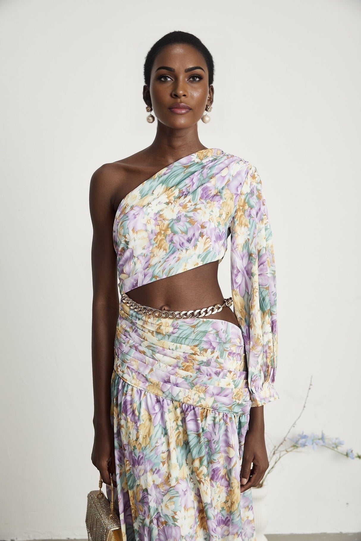 Federica Midi Dress - Asymmetric One - Shoulder - Cut - Out Floral Print - Gold Belted Waist - High Side Slit