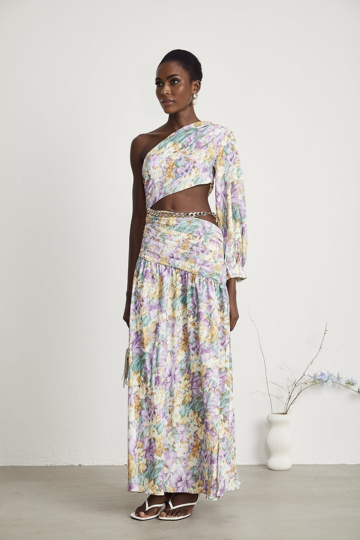 Federica Midi Dress - Asymmetric One - Shoulder - Cut - Out Floral Print - Gold Belted Waist - High Side Slit