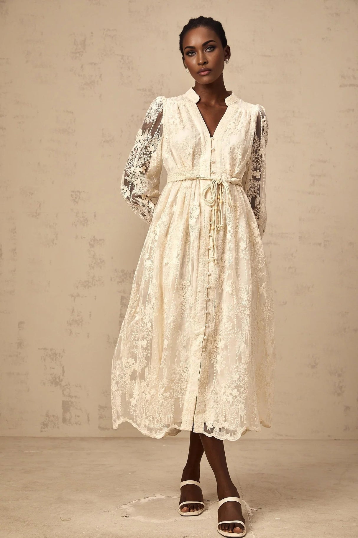 Federica Midi Dress Neutrals Lace - Embroidered & Belted