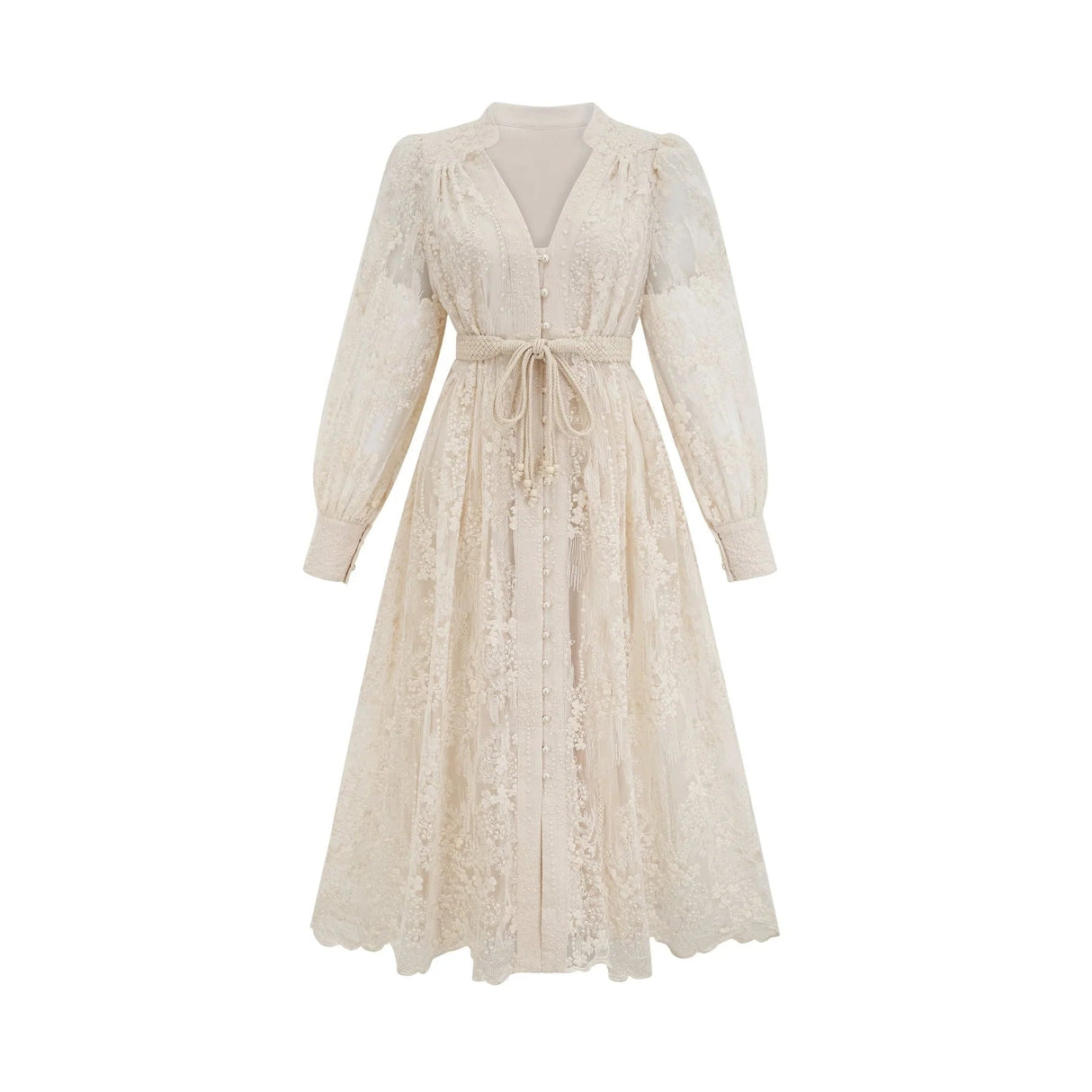 Federica Midi Dress Neutrals Lace - Embroidered & Belted