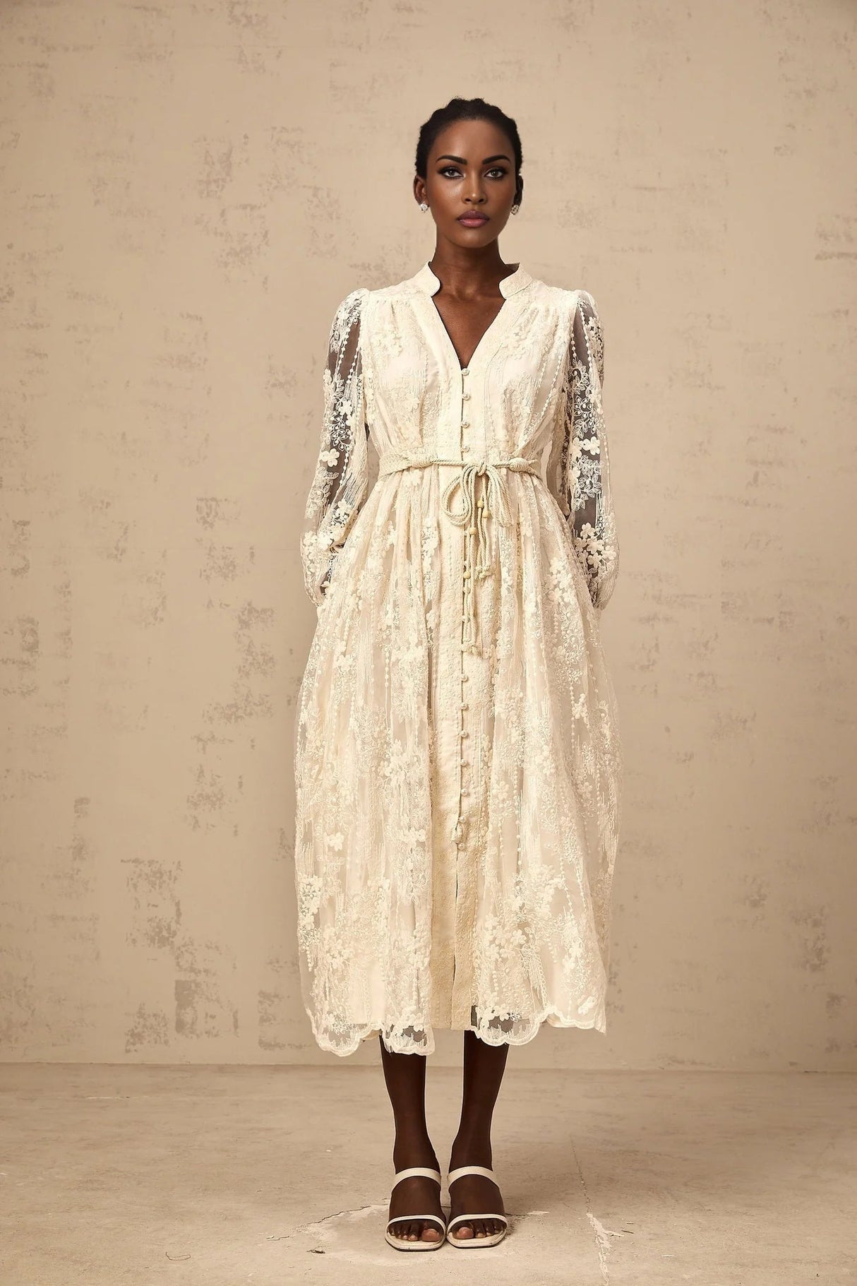 Federica Midi Dress Neutrals Lace - Embroidered & Belted