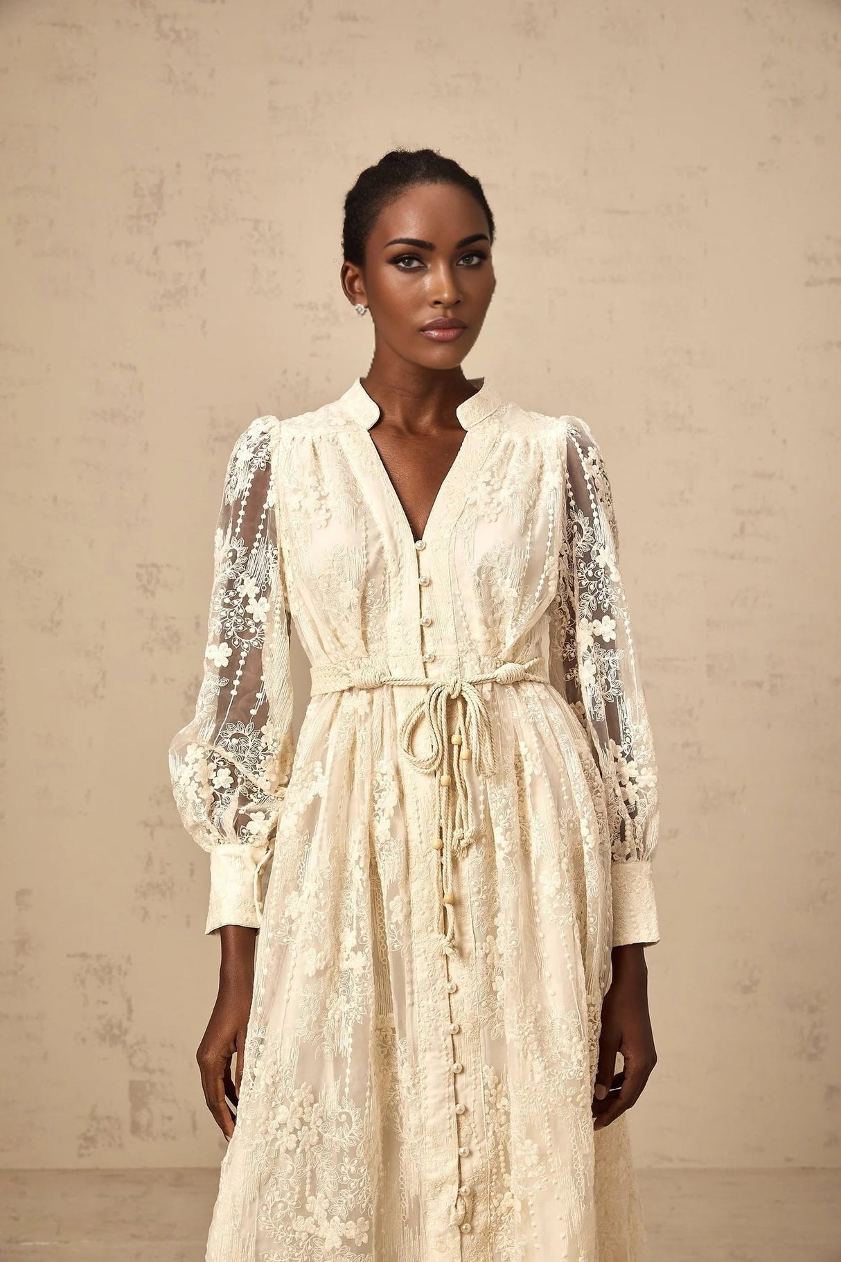 Federica Midi Dress Neutrals Lace - Embroidered & Belted