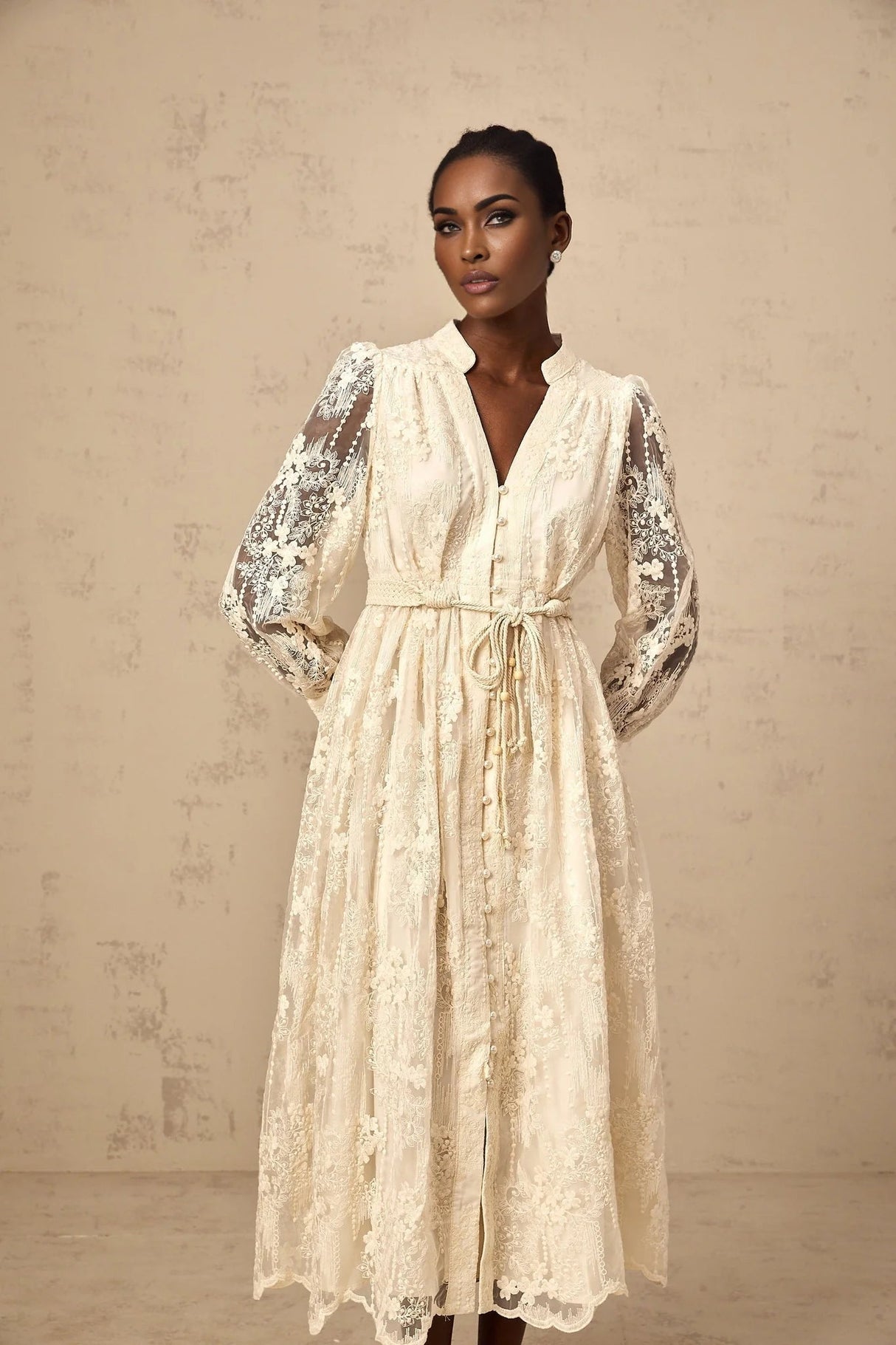 Federica Midi Dress Neutrals Lace - Embroidered & Belted