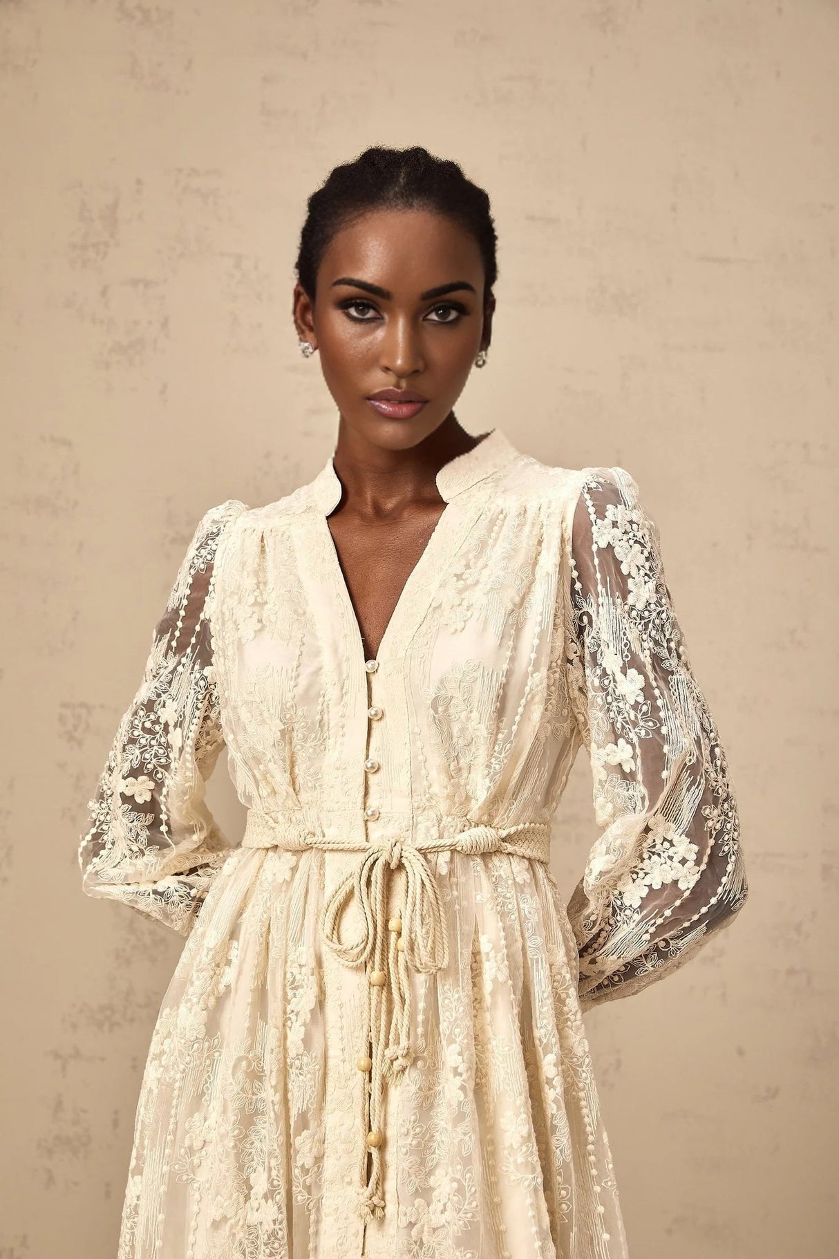 Federica Midi Dress Neutrals Lace - Embroidered & Belted