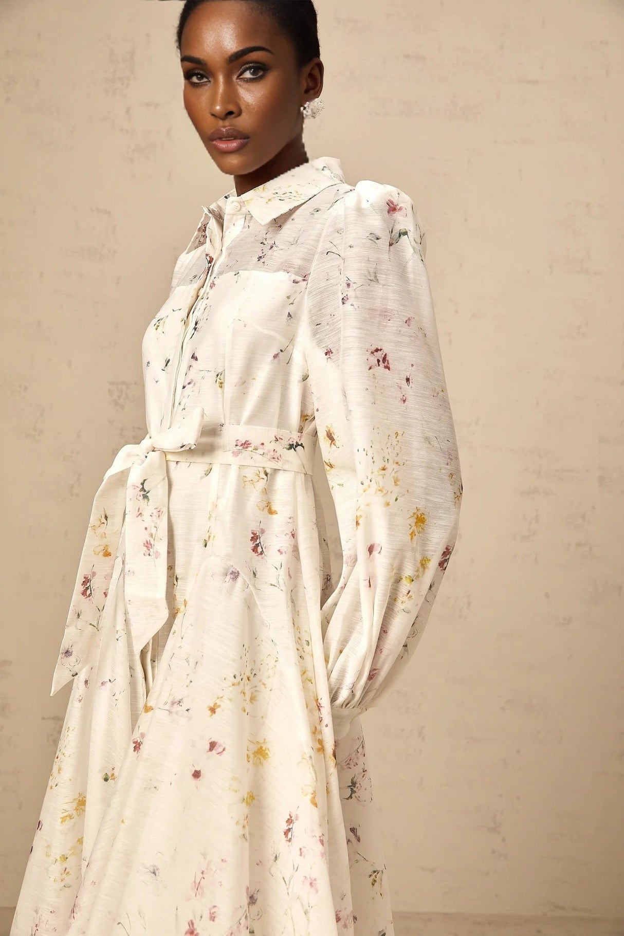 Federica Midi Dress White Floral Print Calf Length Button Fastening