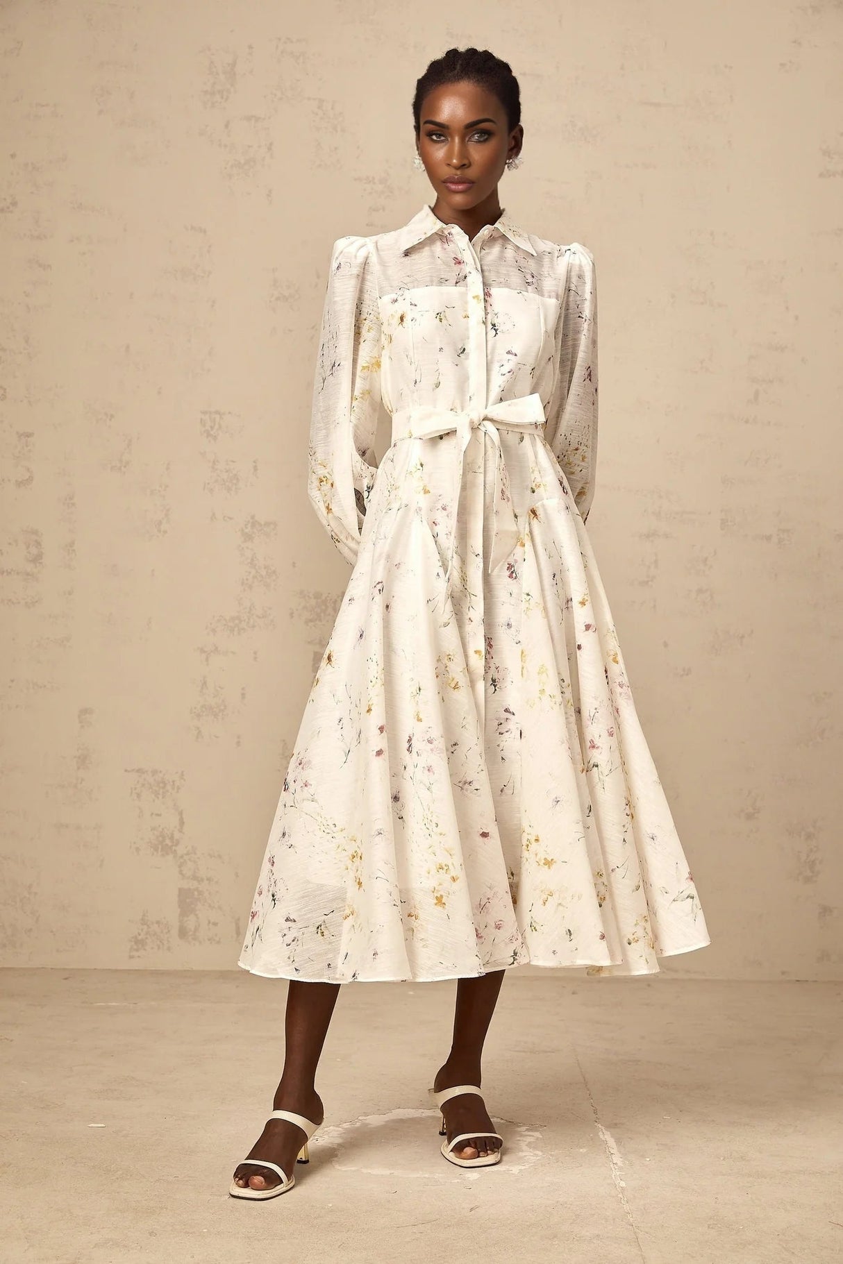 Federica Midi Dress White Floral Print Calf Length Button Fastening