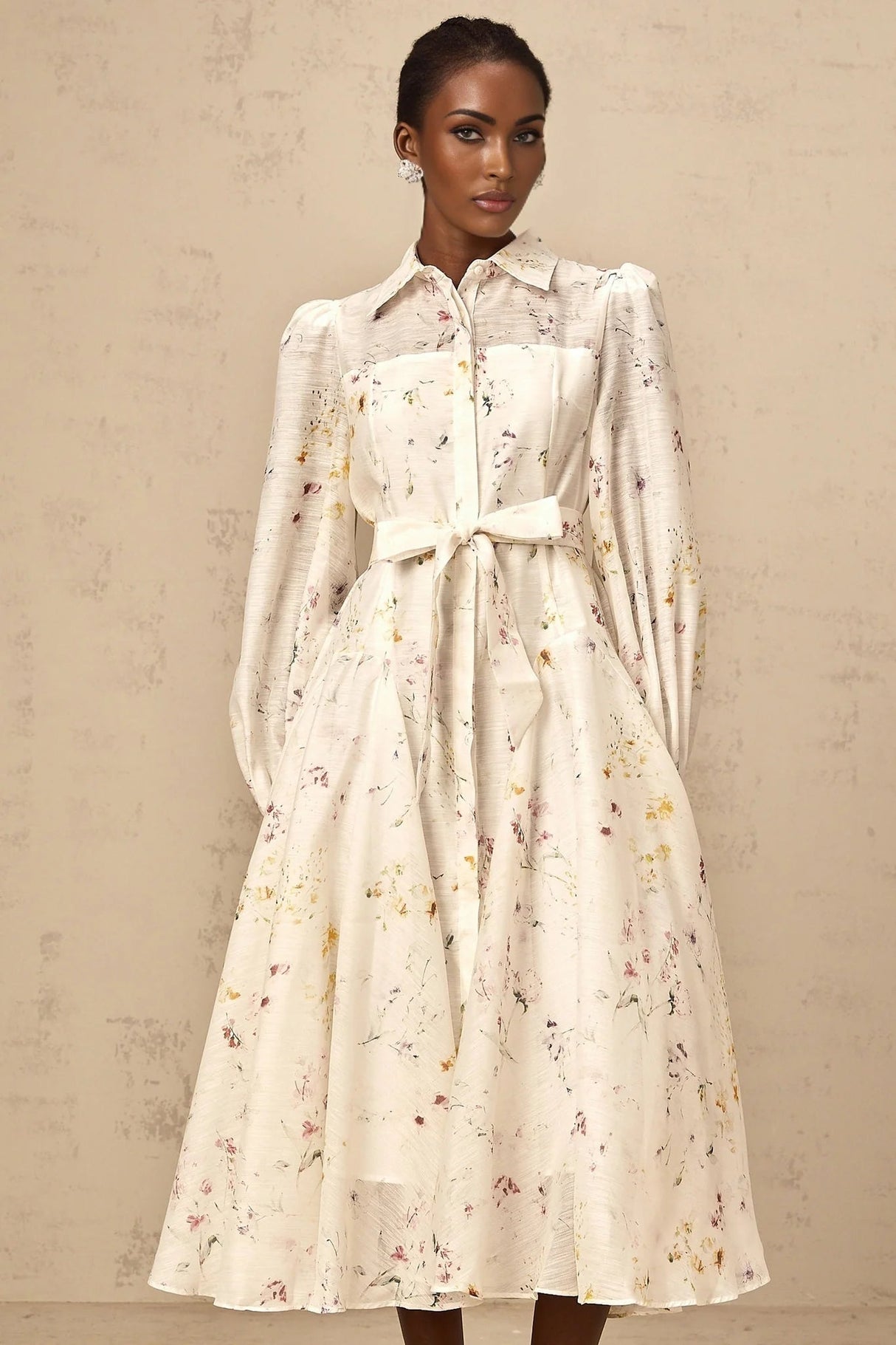 Federica Midi Dress White Floral Print Calf Length Button Fastening