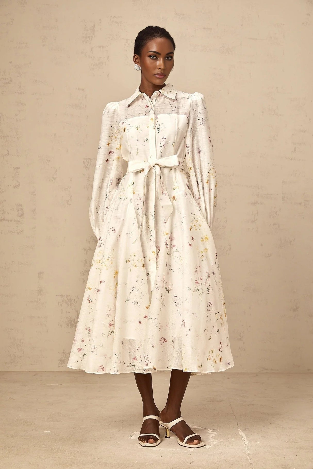 Federica Midi Dress White Floral Print Calf Length Button Fastening